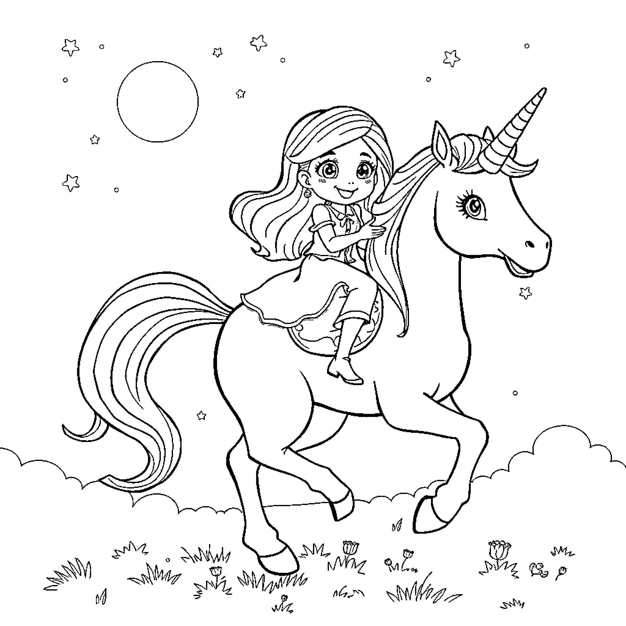 Unicorn Rider Exploring the Magical Landscape Coloring Page (free black-and-white line drawing printable PDF for all, from beginners to advanced learners, including children, teens, adults, and seniors)