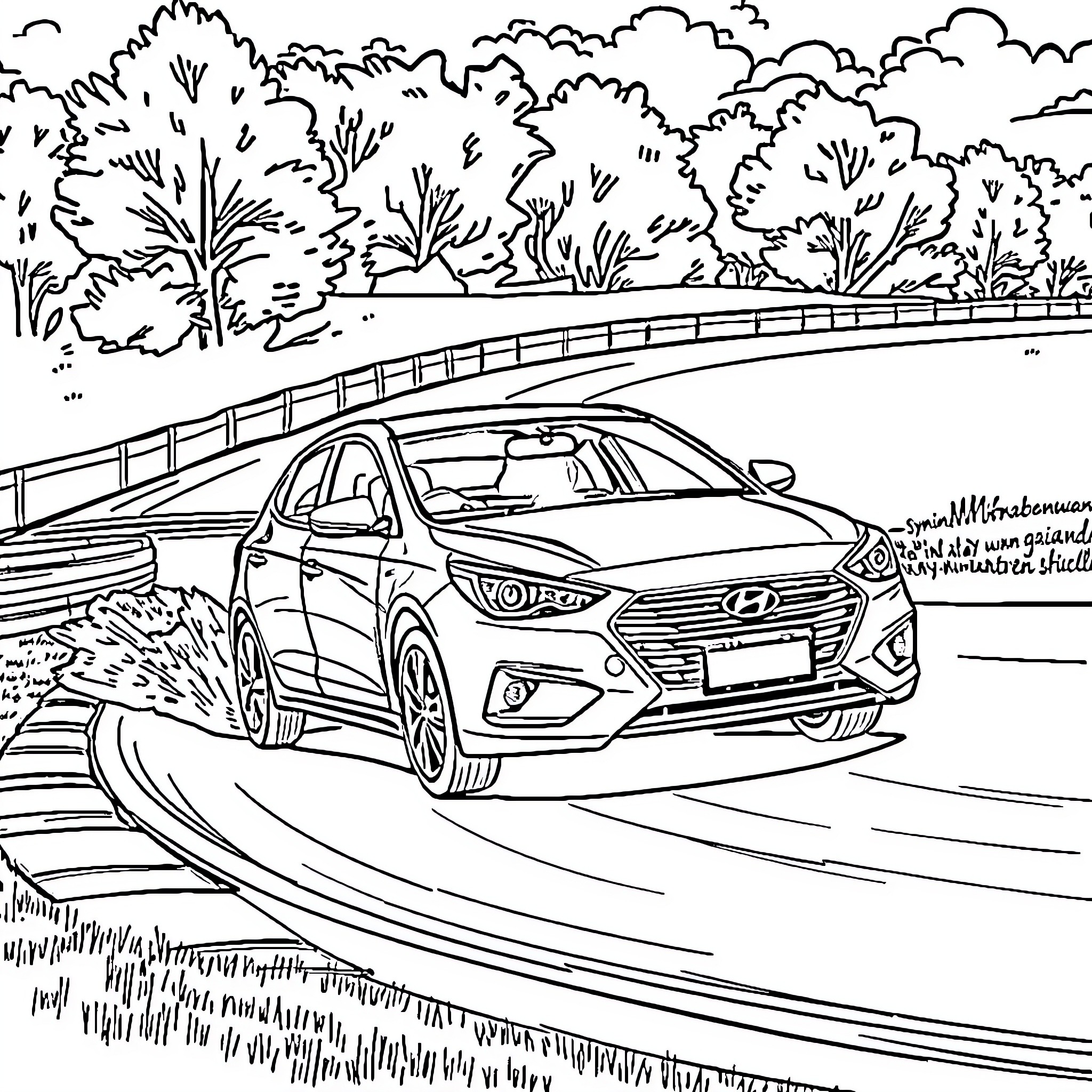 Hyundai car driving on a curved road through a scenic landscape Coloring Page (free black-and-white line drawing printable PDF for all, from beginners to advanced learners, including children, teens, adults, and seniors)