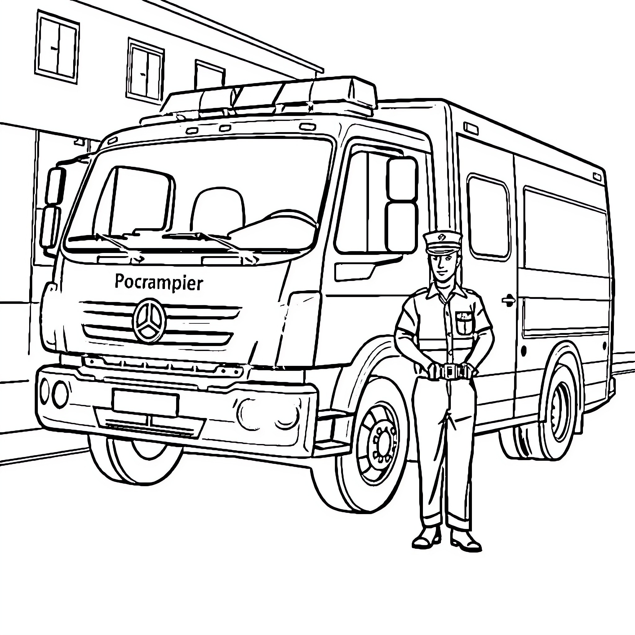 Fire Truck with Firefighter in Uniform Coloring Page (free black-and-white line drawing printable PDF for all, from beginners to advanced learners, including children, teens, adults, and seniors)