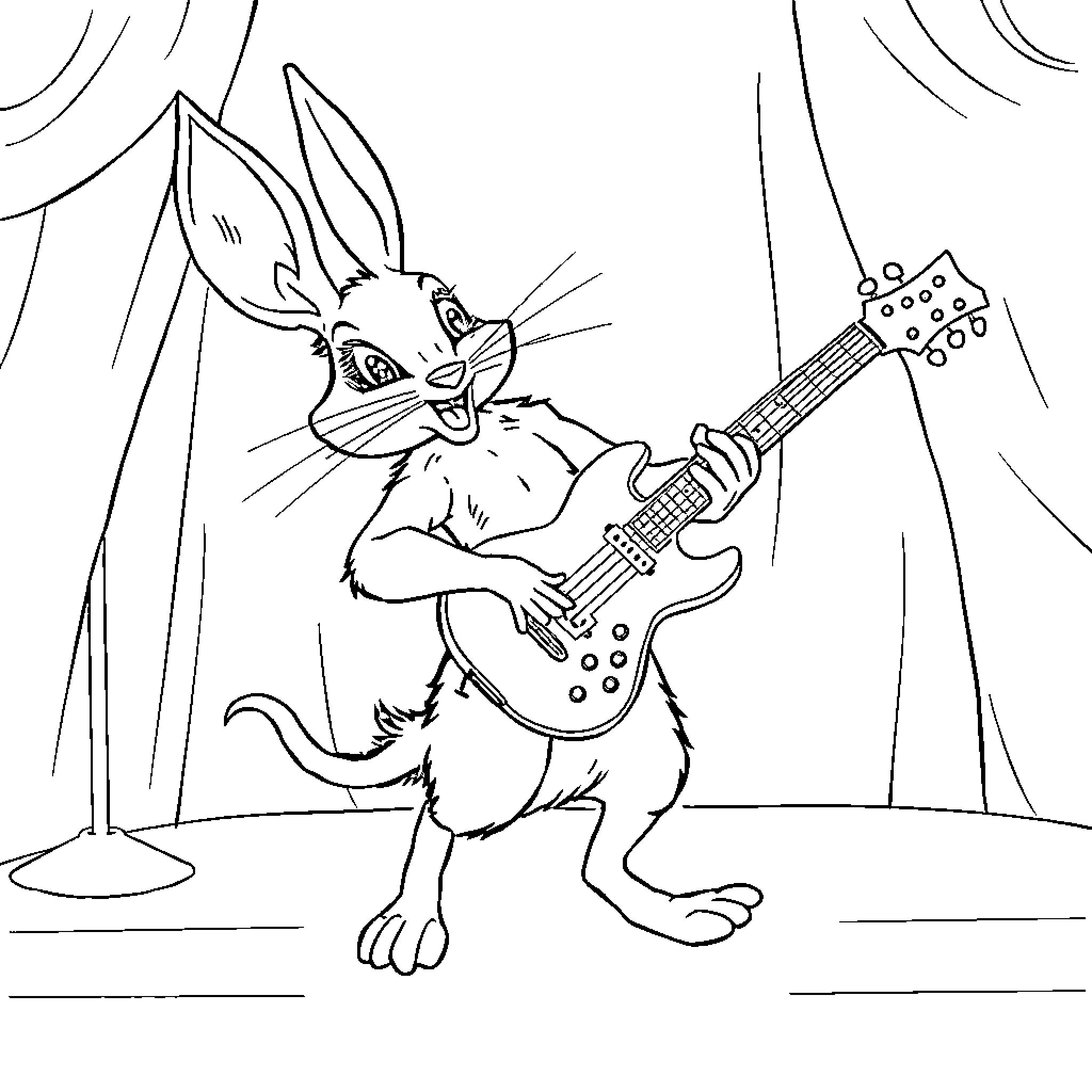 Rana the Rabbit Rocking the Guitar Coloring Page (free black-and-white line drawing printable PDF for all, from beginners to advanced learners, including children, teens, adults, and seniors)