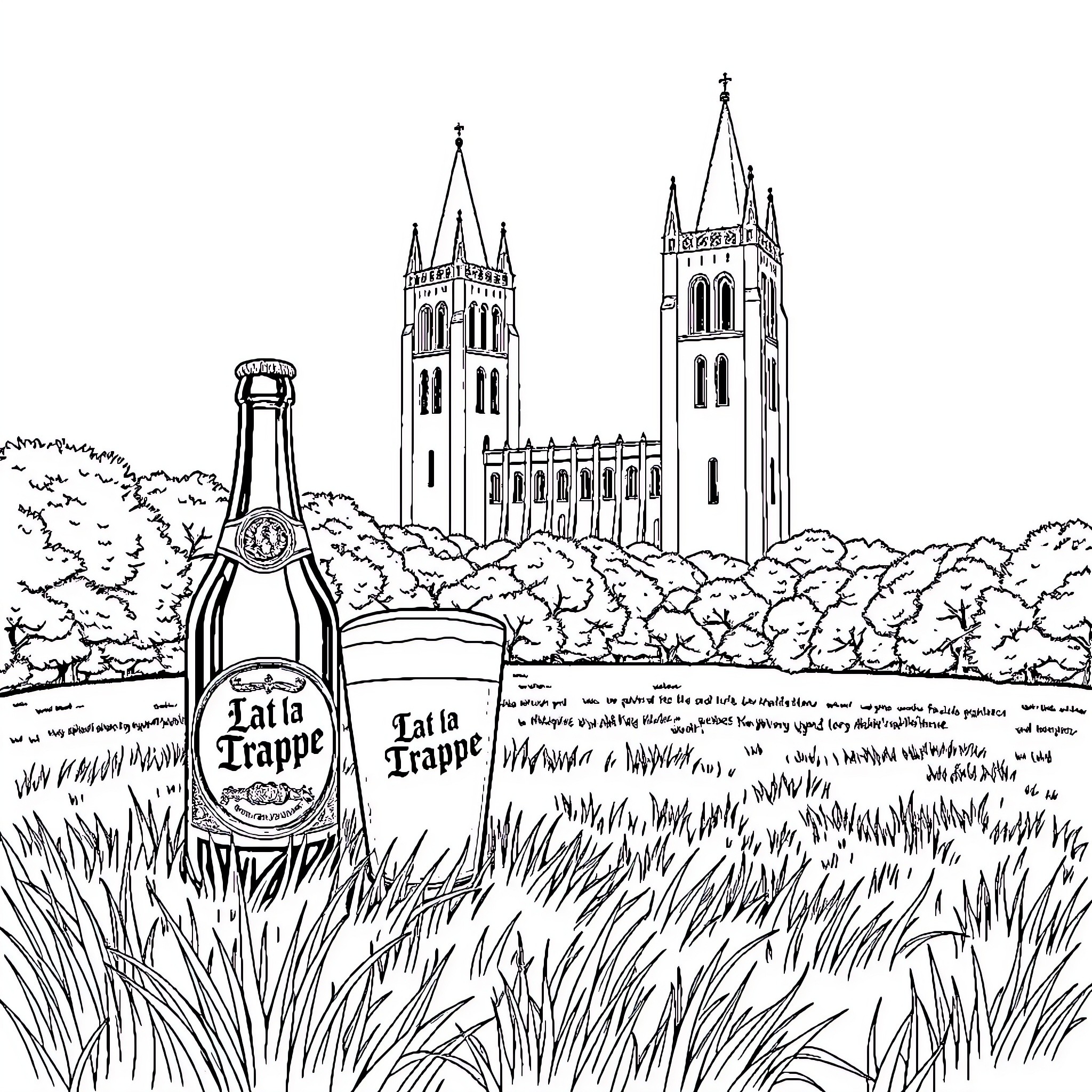 Beer, Towers, and Lush Greenery Coloring Page (free black-and-white line drawing printable PDF for all, from beginners to advanced learners, including children, teens, adults, and seniors)