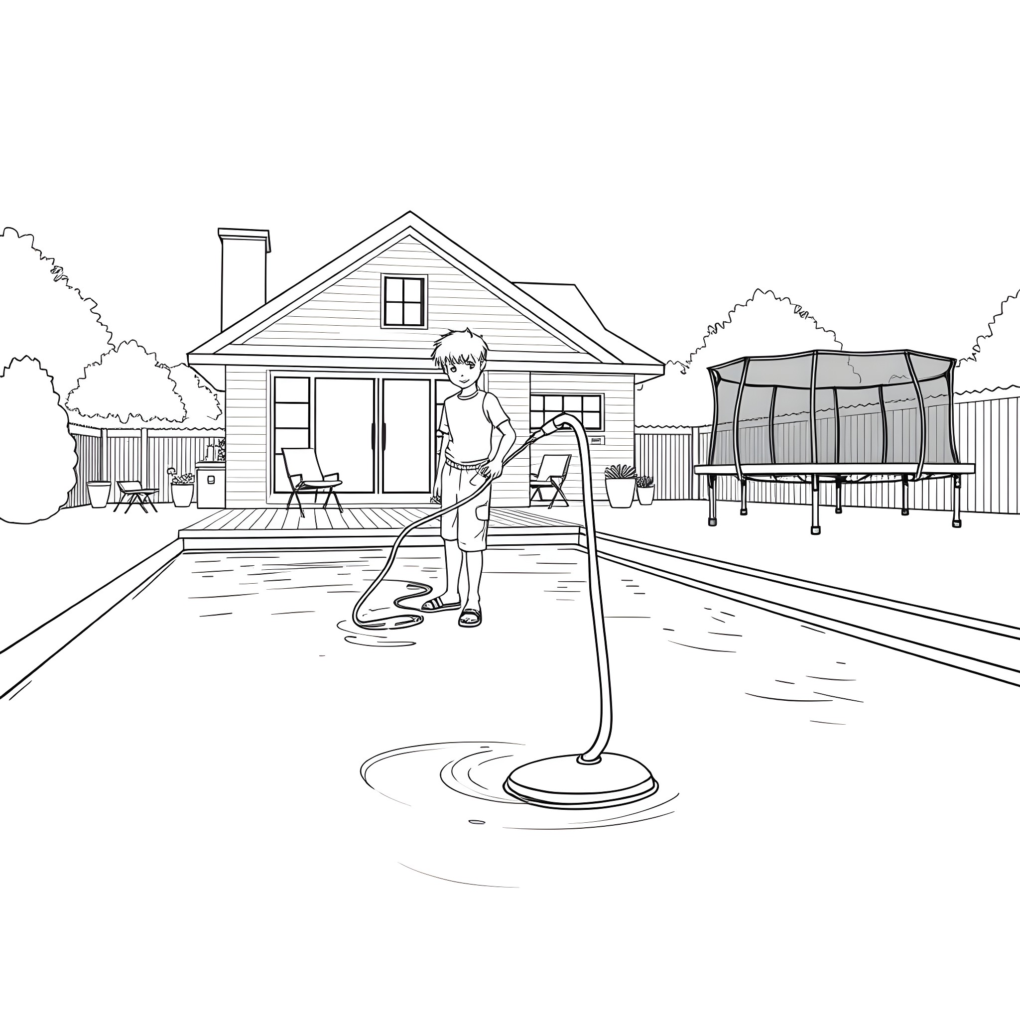 Teen Guy Cleaning Outdoor Pool at Home Coloring Page (free black-and-white line drawing printable PDF for all, from beginners to advanced learners, including children, teens, adults, and seniors)
