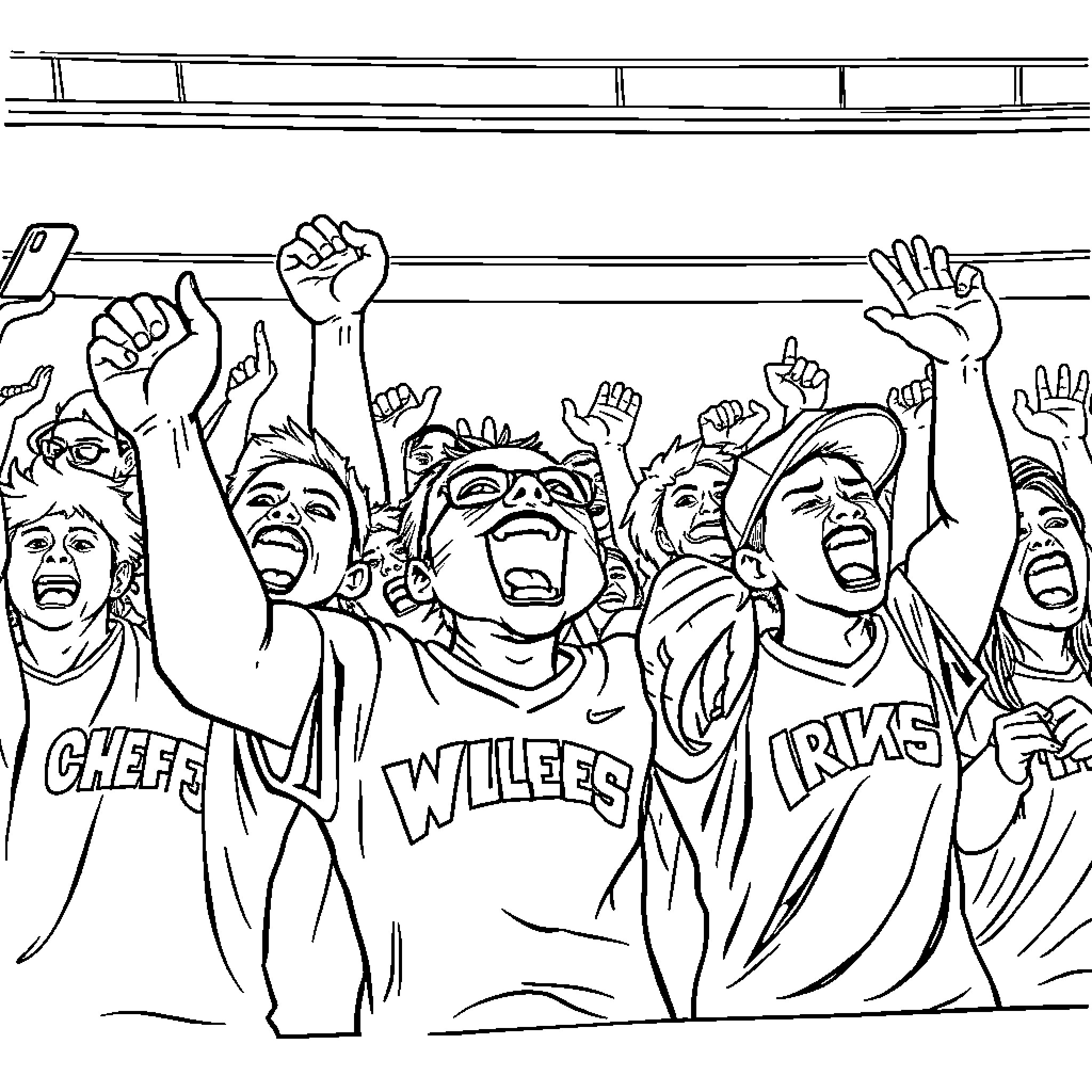 Wildcat fans cheering passionately at sports event Coloring Page (free black-and-white line drawing printable PDF for all, from beginners to advanced learners, including children, teens, adults, and seniors)