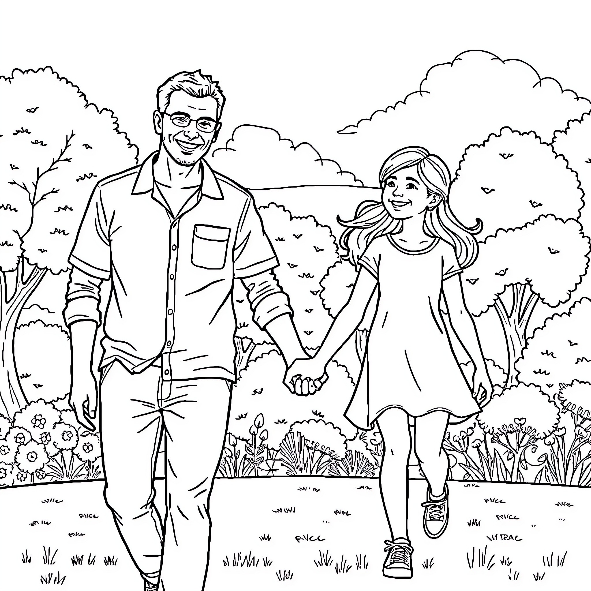 Girl and man walking together in nature Coloring Page (free black-and-white line drawing printable PDF for all, from beginners to advanced learners, including children, teens, adults, and seniors)