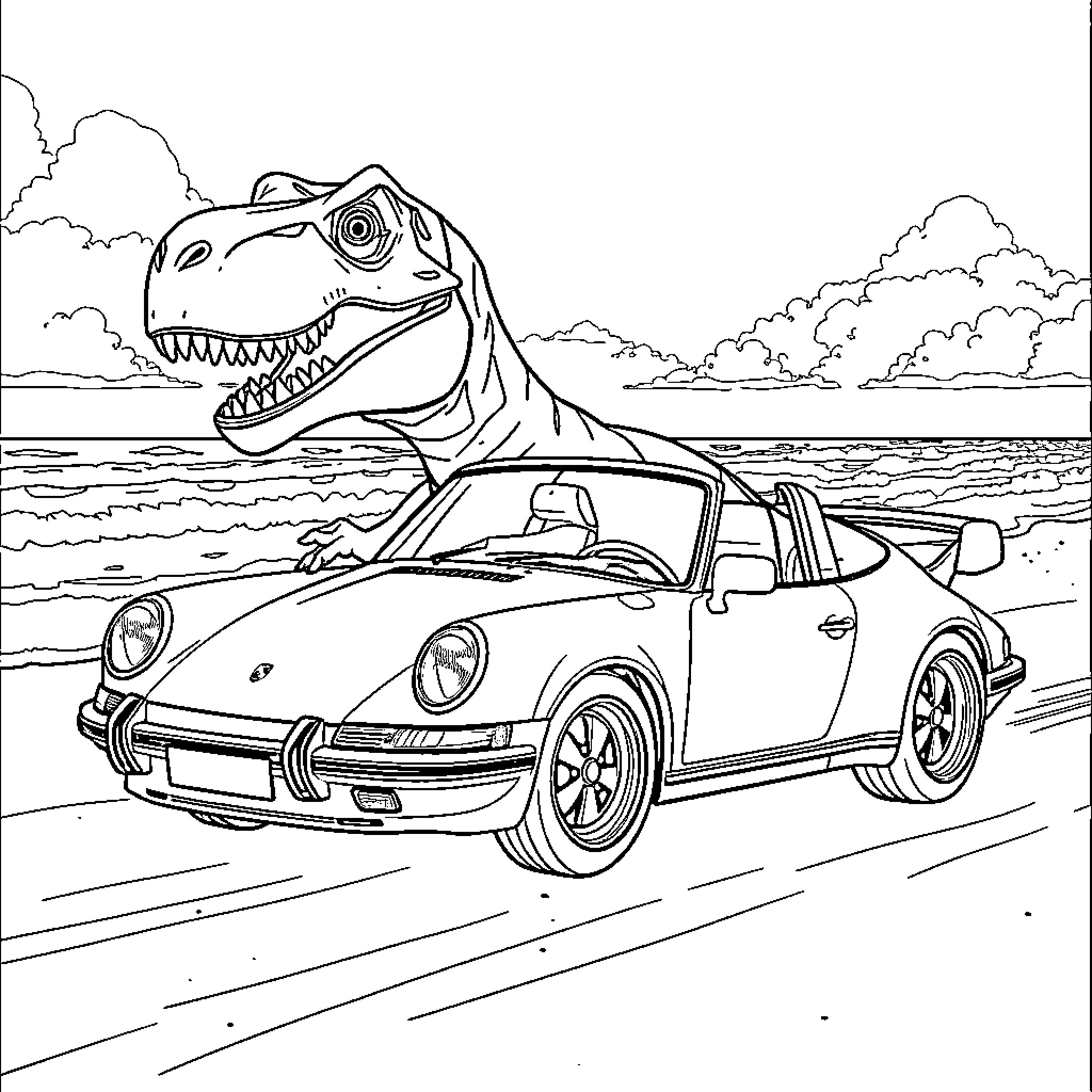 T-Rex chases classic Porsche on beach Coloring Page (free black-and-white line drawing printable PDF for all, from beginners to advanced learners, including children, teens, adults, and seniors)