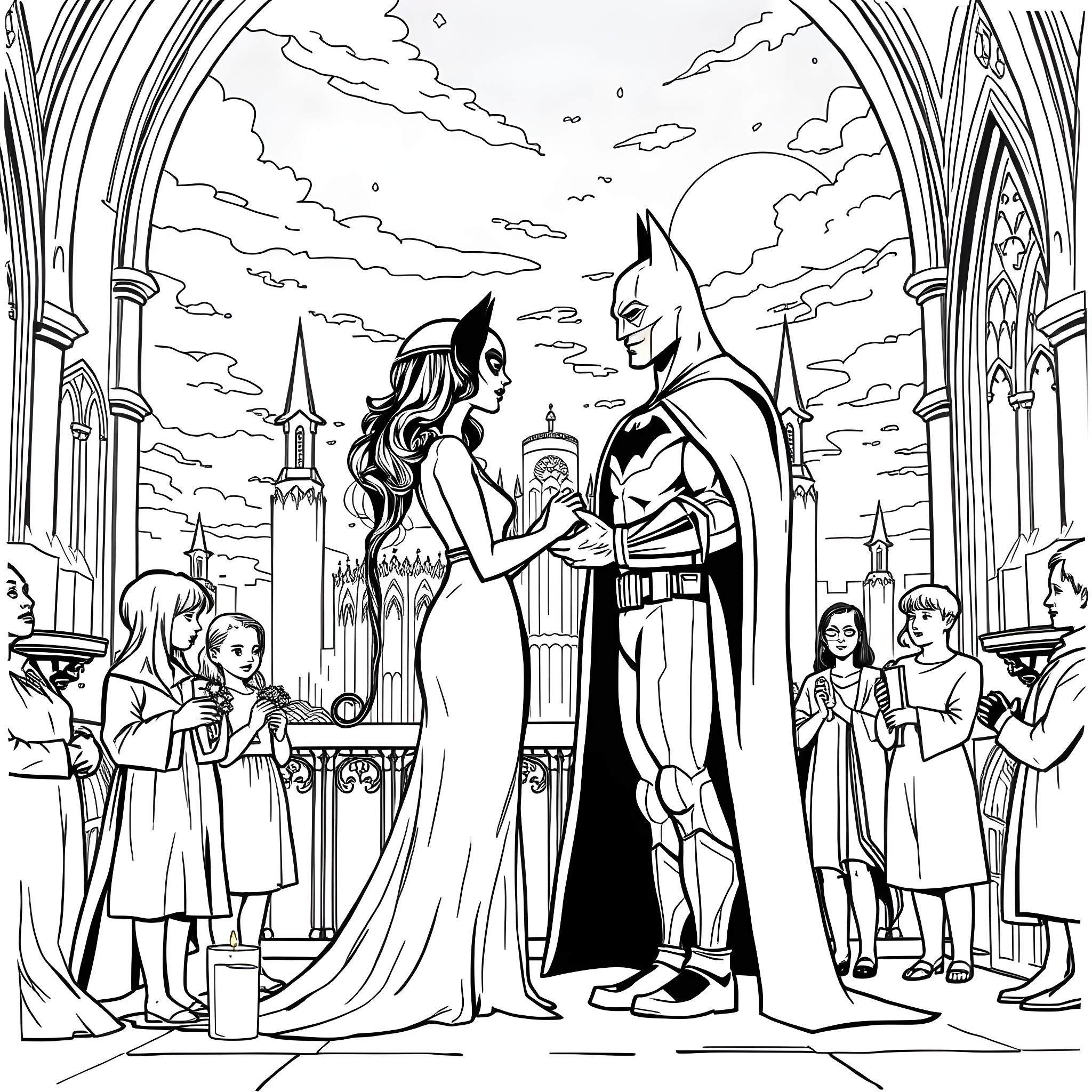 Catwoman's Wedding to the Dark Knight Coloring Page (free black-and-white line drawing printable PDF for all, from beginners to advanced learners, including children, teens, adults, and seniors)