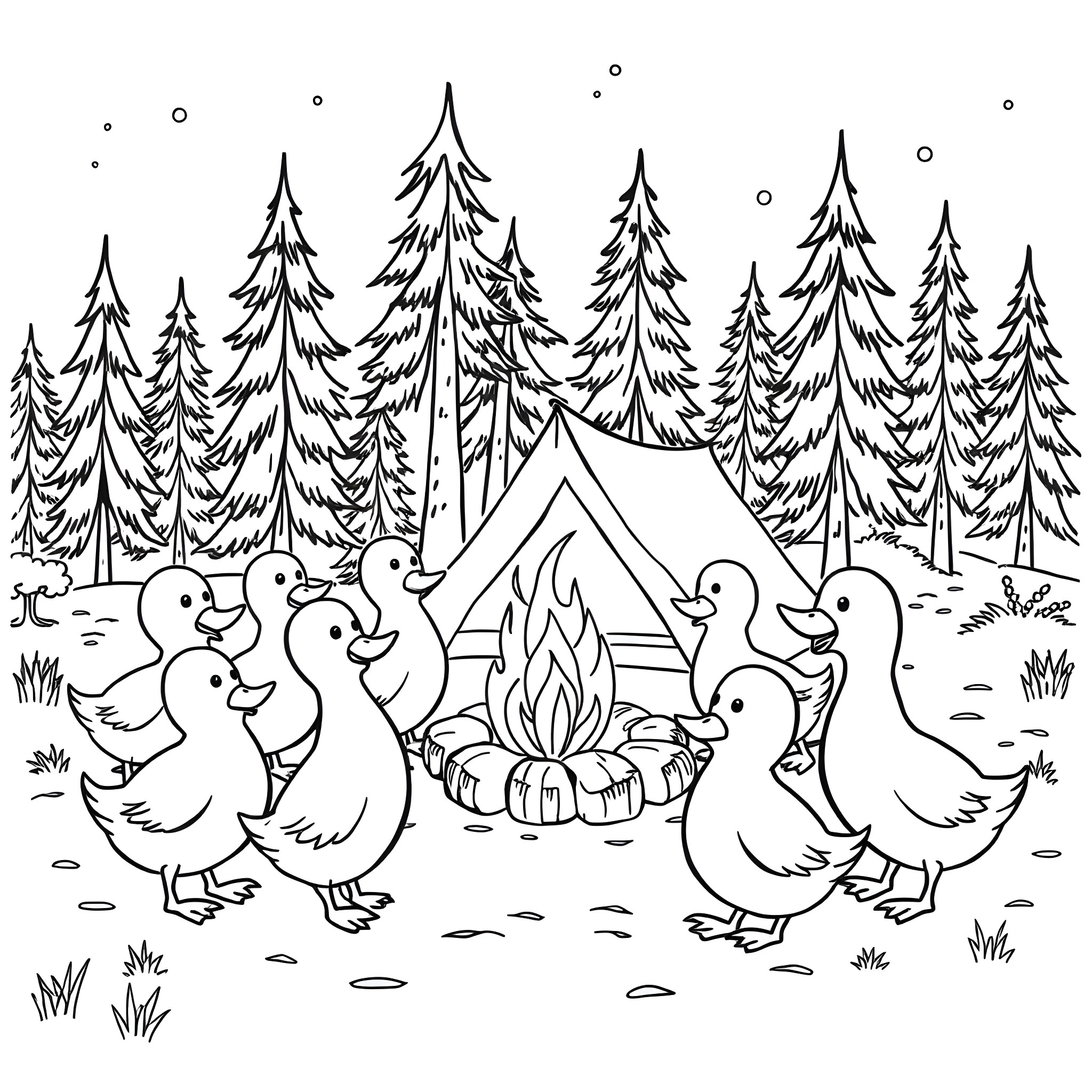 Duck Friends Camping in the Snowy Forest Coloring Page (free black-and-white line drawing printable PDF for all, from beginners to advanced learners, including children, teens, adults, and seniors)