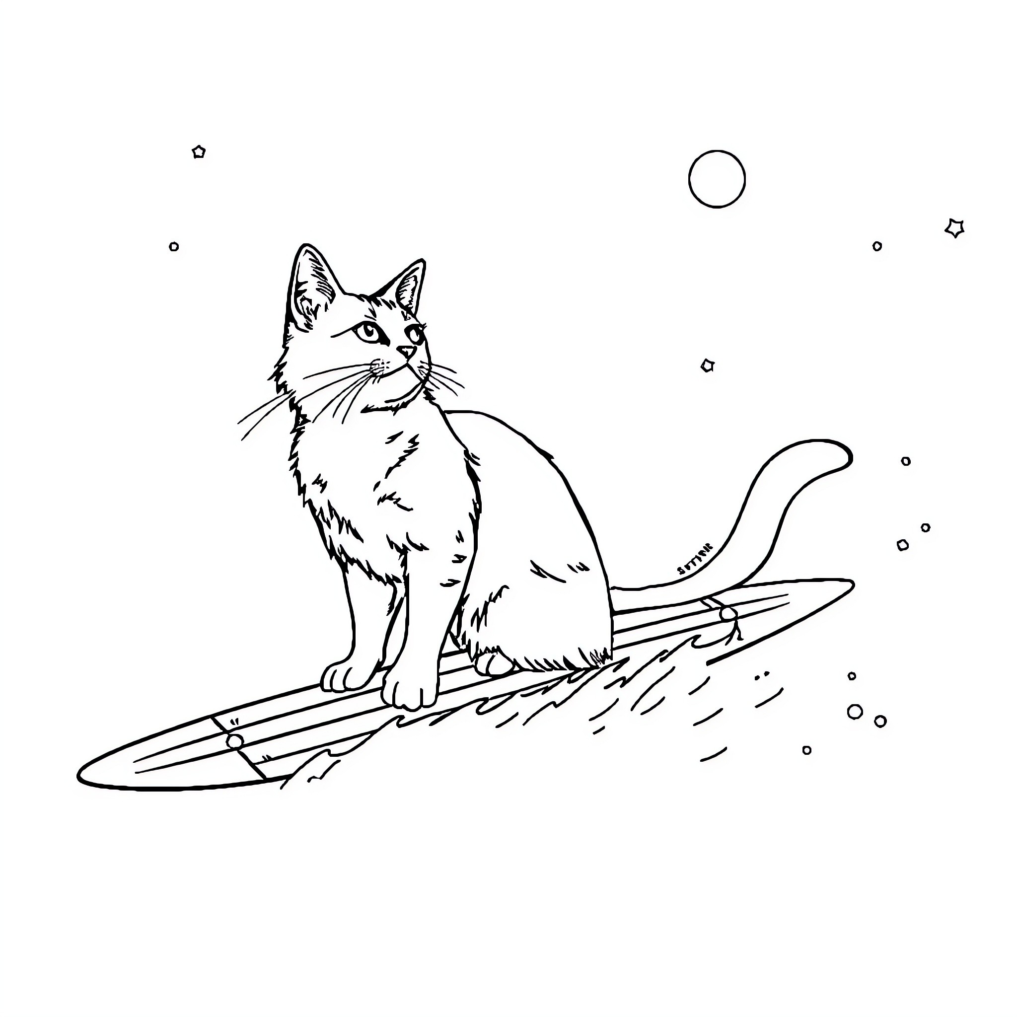 Cat surfing in the night sky Coloring Page (free black-and-white line drawing printable PDF for all, from beginners to advanced learners, including children, teens, adults, and seniors)