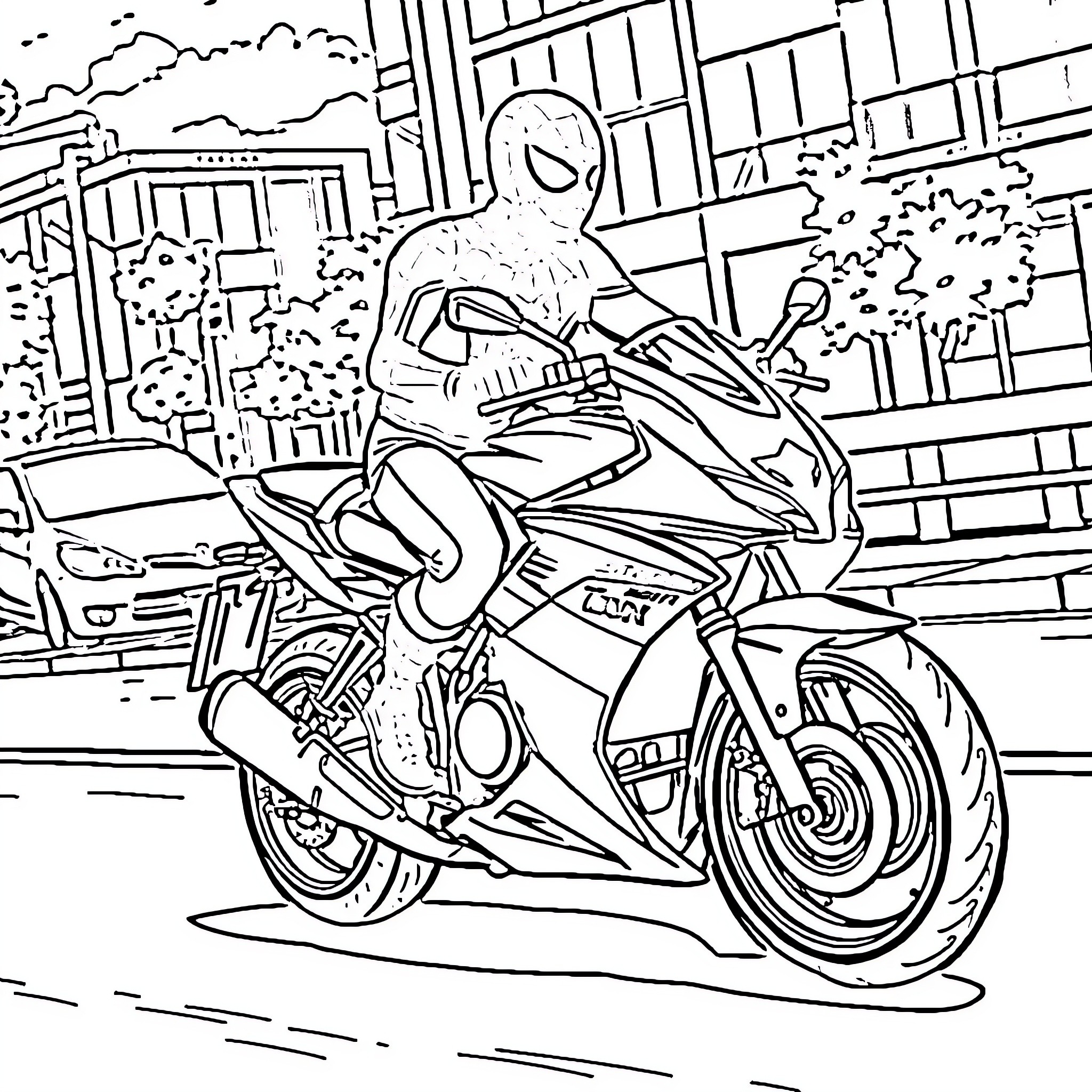 Spiderman riding a speeding motorcycle in the city Coloring Page (free black-and-white line drawing printable PDF for all, from beginners to advanced learners, including children, teens, adults, and seniors)