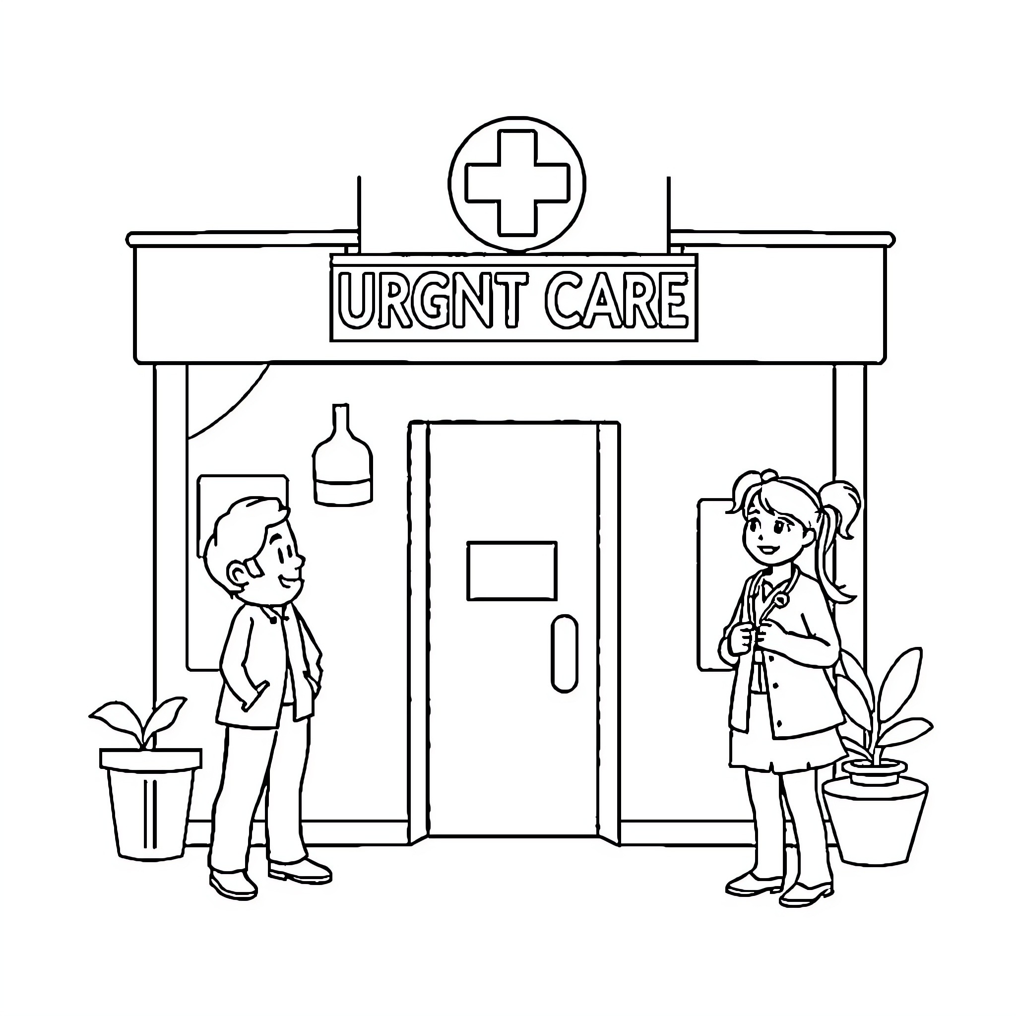 Pediatric Urgent Care Clinic with Patients Coloring Page (free black-and-white line drawing printable PDF for all, from beginners to advanced learners, including children, teens, adults, and seniors)