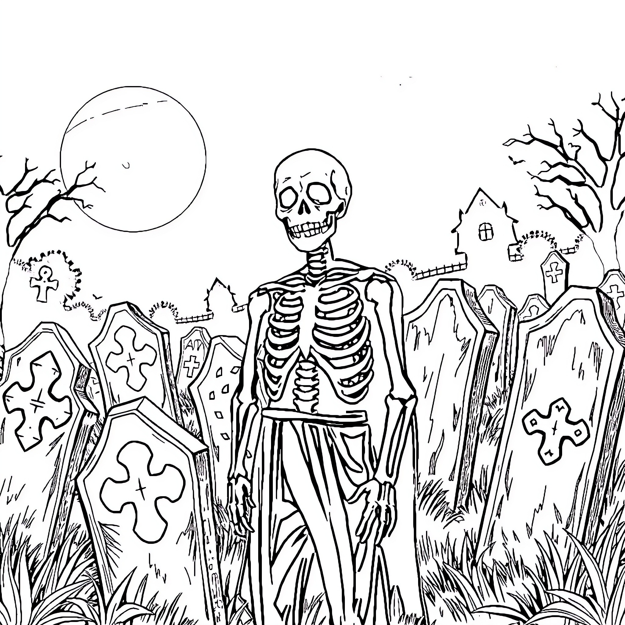 Man stands solemnly in eerie graveyard landscape Coloring Page (free black-and-white line drawing printable PDF for all, from beginners to advanced learners, including children, teens, adults, and seniors)