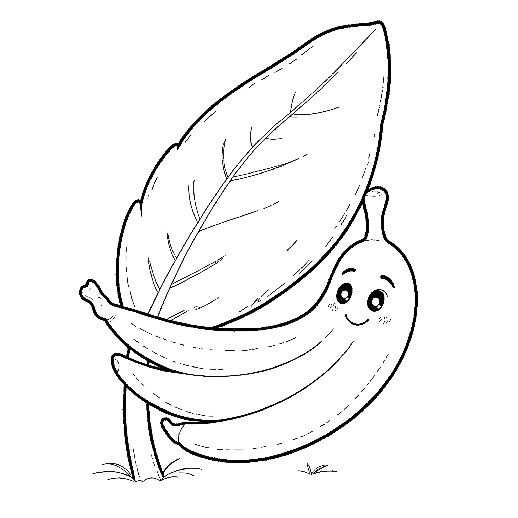Banana with a Feather Leaf Coloring Page (free black-and-white line drawing printable PDF for all, from beginners to advanced learners, including children, teens, adults, and seniors)