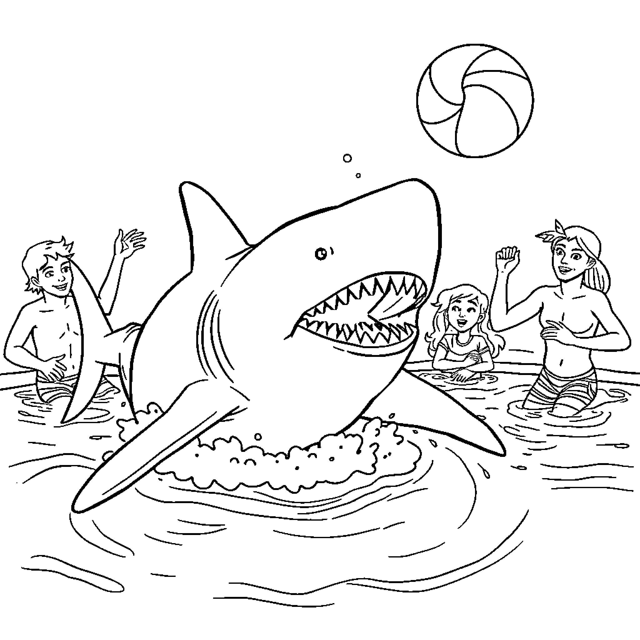Hawk Hunting Swimmers in the Ocean Coloring Page (free black-and-white line drawing printable PDF for all, from beginners to advanced learners, including children, teens, adults, and seniors)