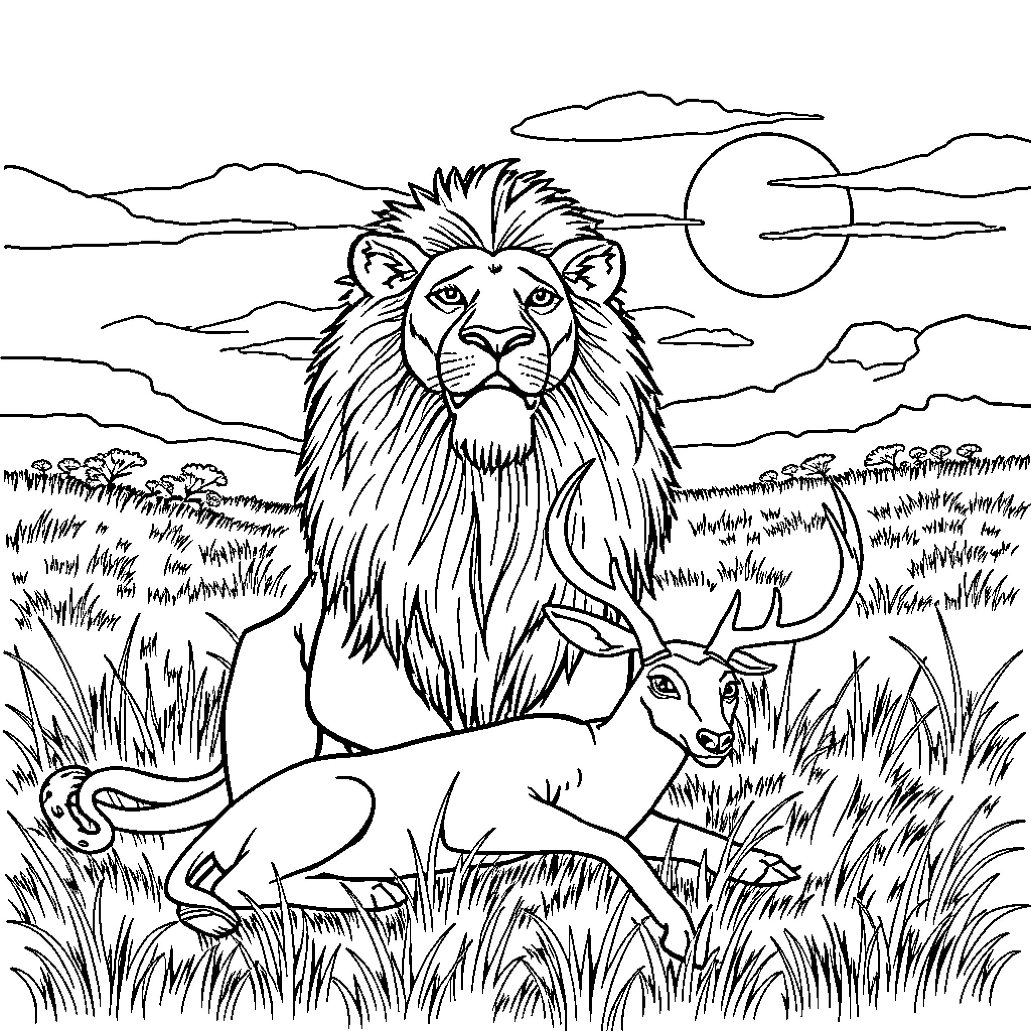 Lion resting majestically in the wilderness Coloring Page (free black-and-white line drawing printable PDF for all, from beginners to advanced learners, including children, teens, adults, and seniors)