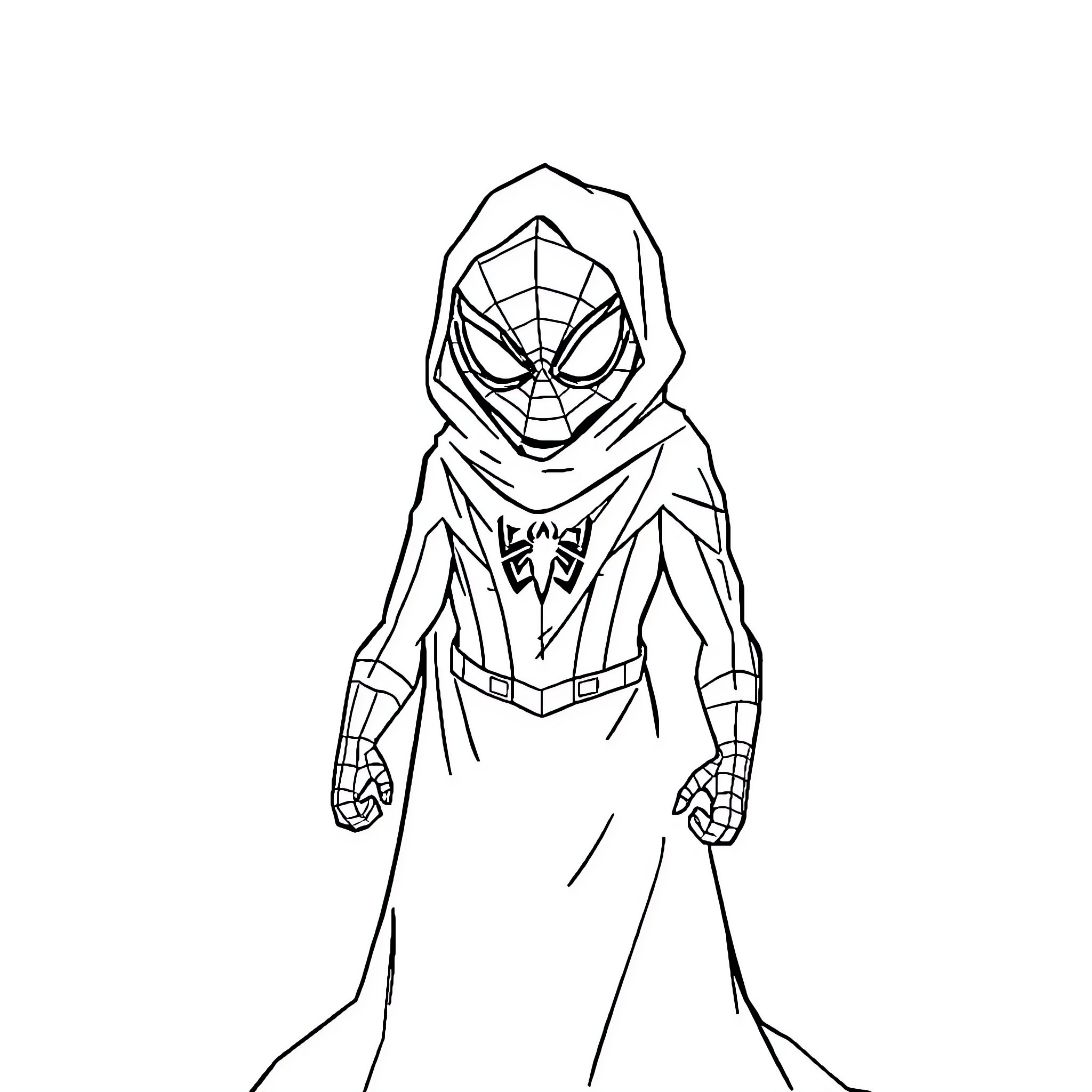 Spiderman in a mysterious cloak and mask Coloring Page (free black-and-white line drawing printable PDF for all, from beginners to advanced learners, including children, teens, adults, and seniors)