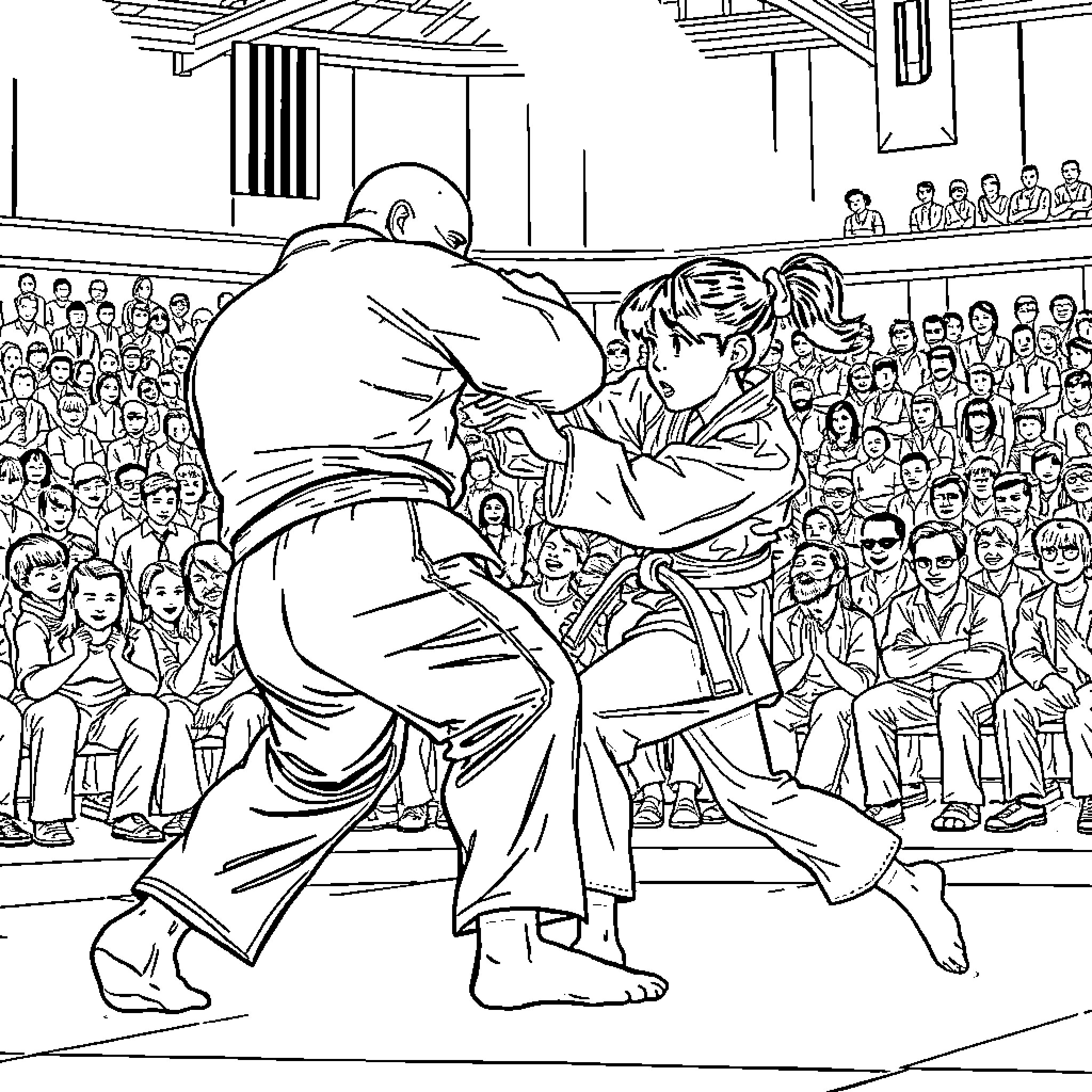 Girl competing in martial arts tournament Coloring Page (free black-and-white line drawing printable PDF for all, from beginners to advanced learners, including children, teens, adults, and seniors)