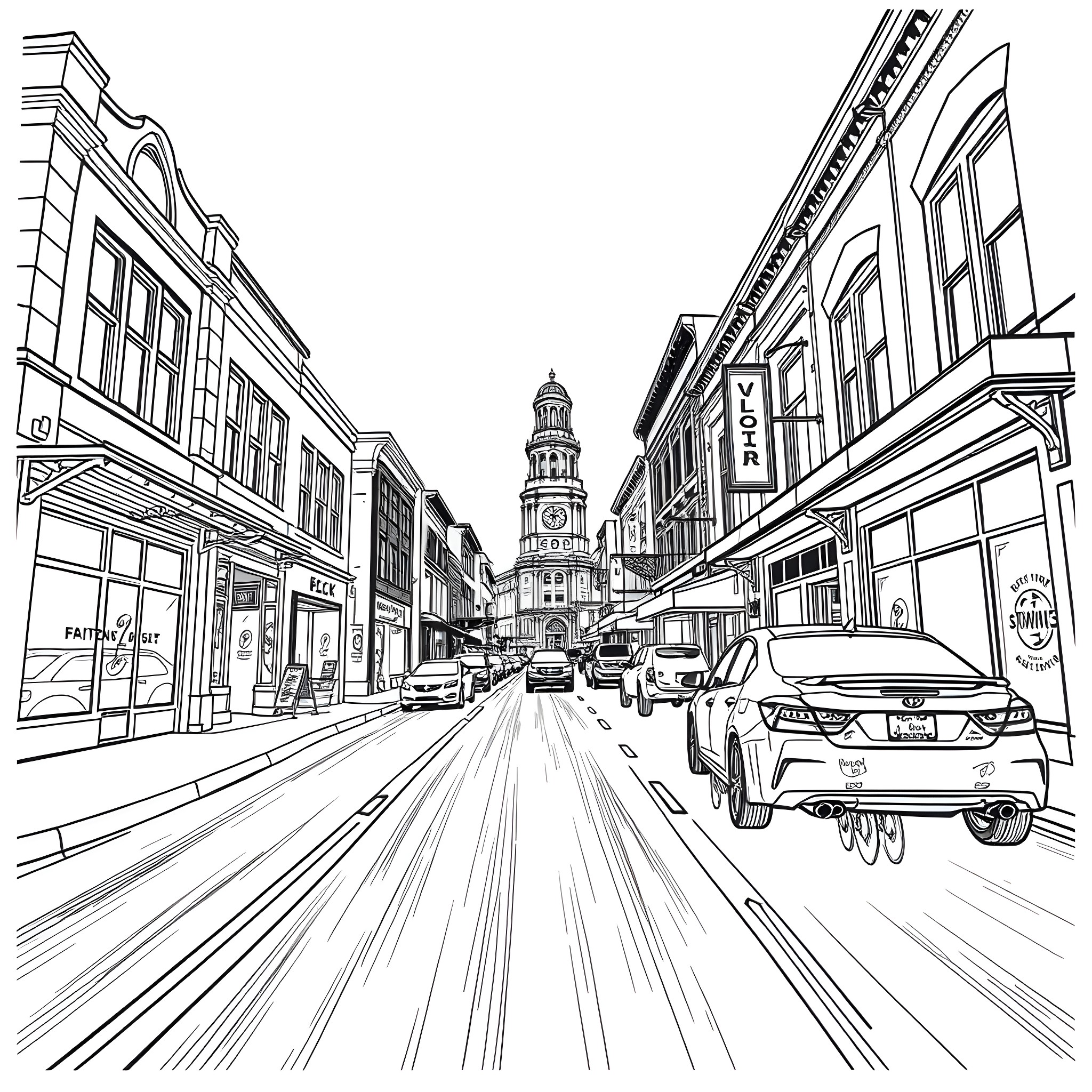 Joyride through the bustling city street Coloring Page (free black-and-white line drawing printable PDF for all, from beginners to advanced learners, including children, teens, adults, and seniors)