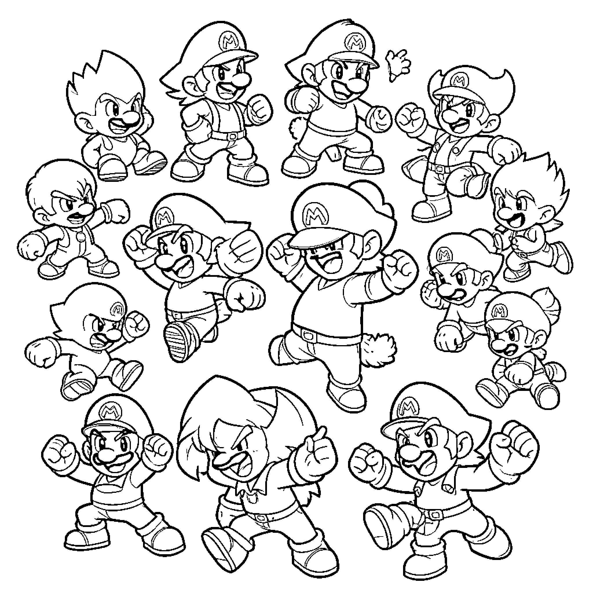 Super Smash Bros characters in various energetic poses Coloring Page (free black-and-white line drawing printable PDF for all, from beginners to advanced learners, including children, teens, adults, and seniors)
