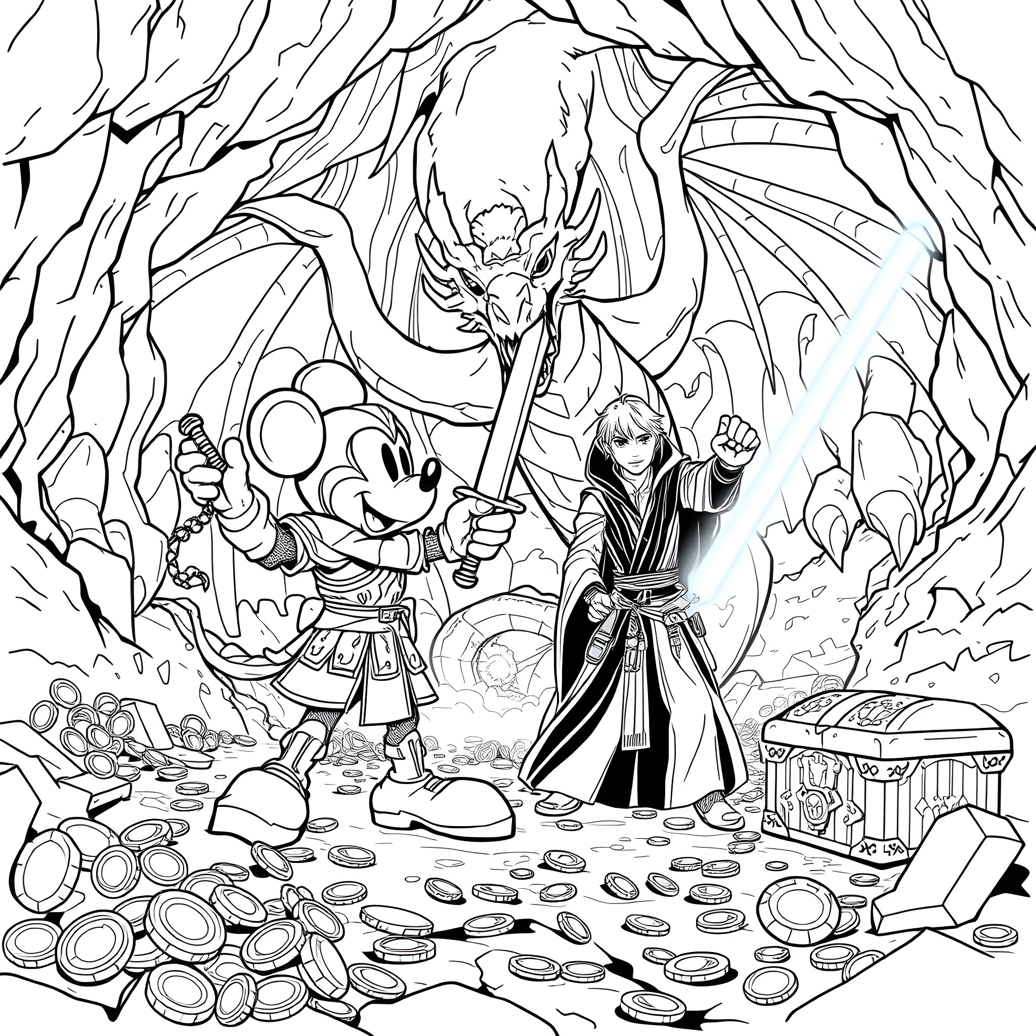 Mickey Mouse encountering a fearsome dragon in a magical cavern Coloring Page (free black-and-white line drawing printable PDF for all, from beginners to advanced learners, including children, teens, adults, and seniors)