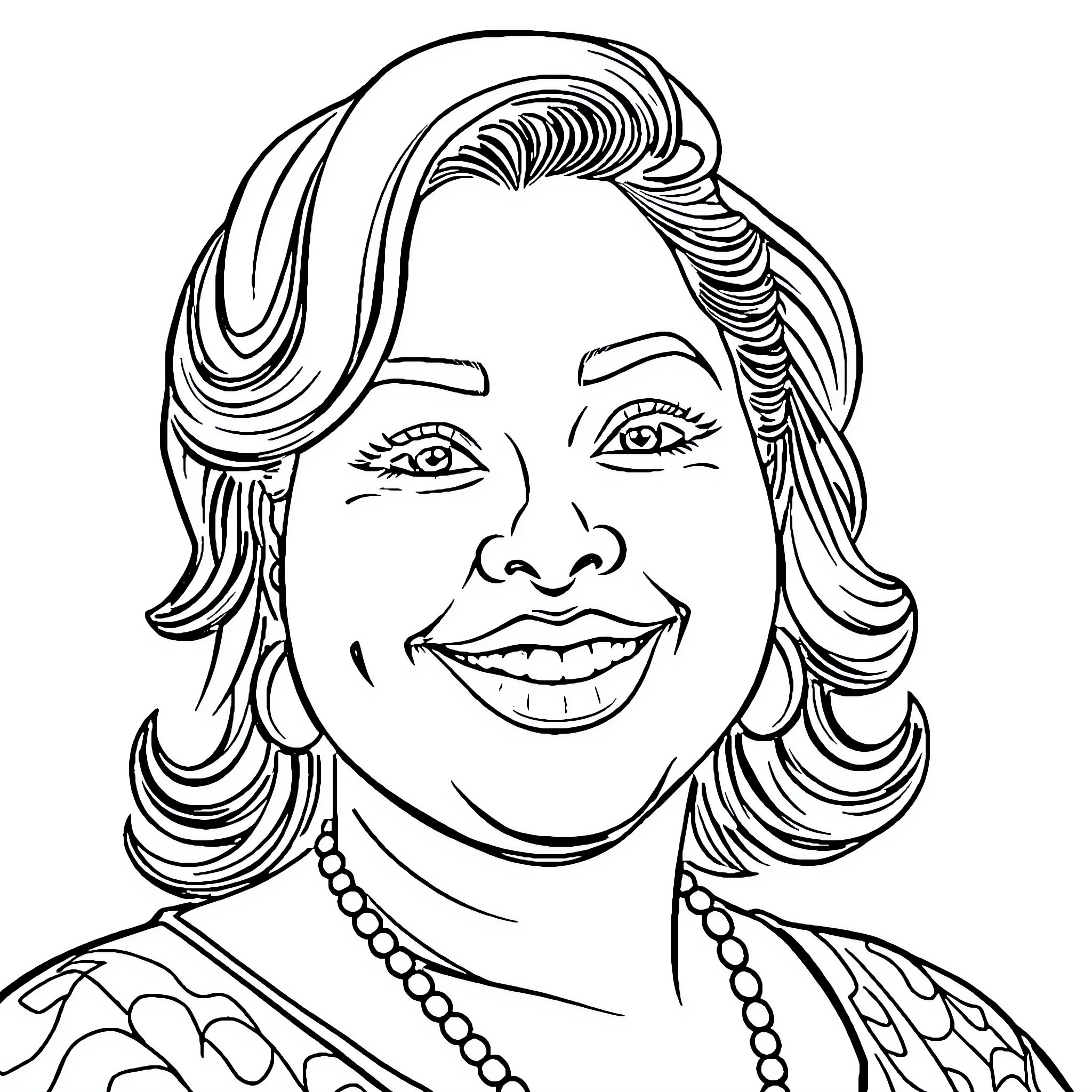 Latina woman with curly hair and warm smile Coloring Page (free black-and-white line drawing printable PDF for all, from beginners to advanced learners, including children, teens, adults, and seniors)