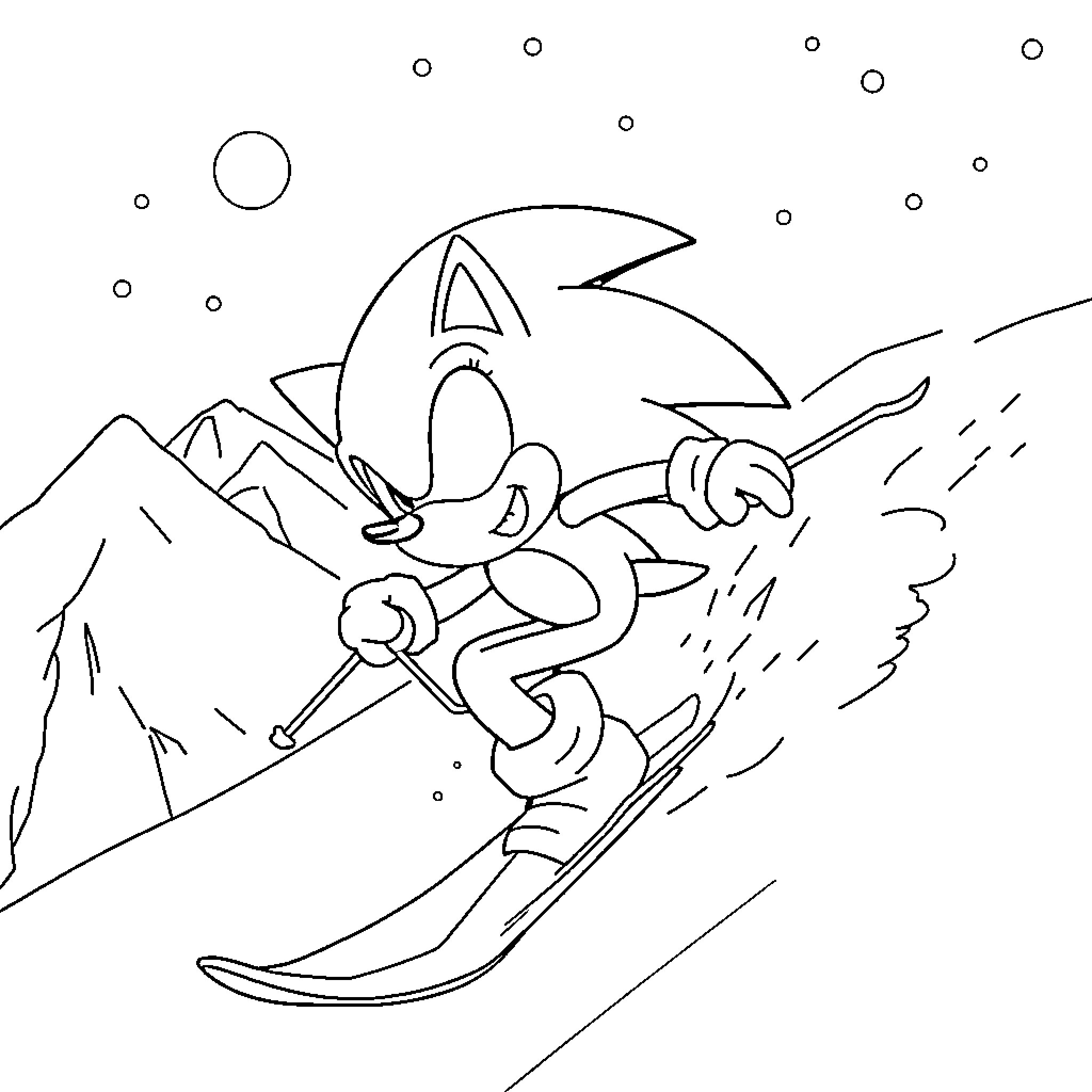 Sonic speeding down the snowy slopes Coloring Page (free black-and-white line drawing printable PDF for all, from beginners to advanced learners, including children, teens, adults, and seniors)