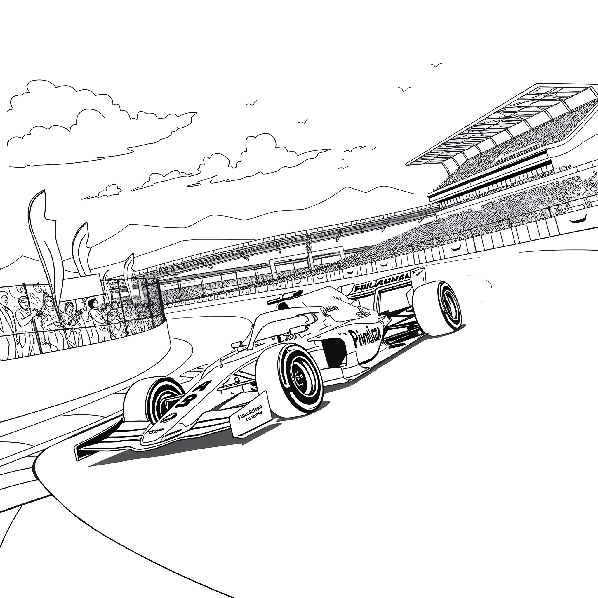 Racecar speeding on the track with grandstand Coloring Page (free black-and-white line drawing printable PDF for all, from beginners to advanced learners, including children, teens, adults, and seniors)