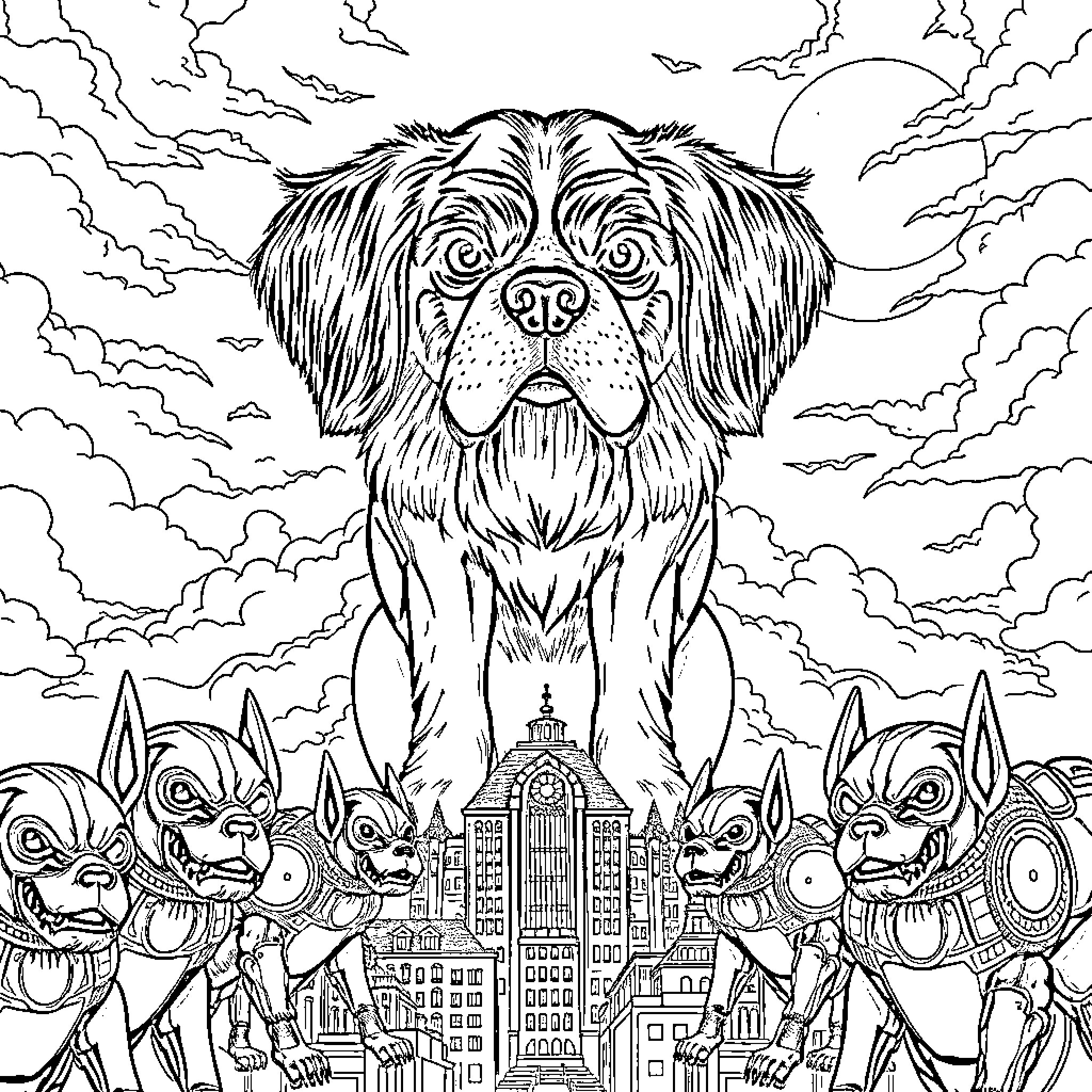 King Charles Cavalier defending a city with mythical creatures Coloring Page (free black-and-white line drawing printable PDF for all, from beginners to advanced learners, including children, teens, adults, and seniors)