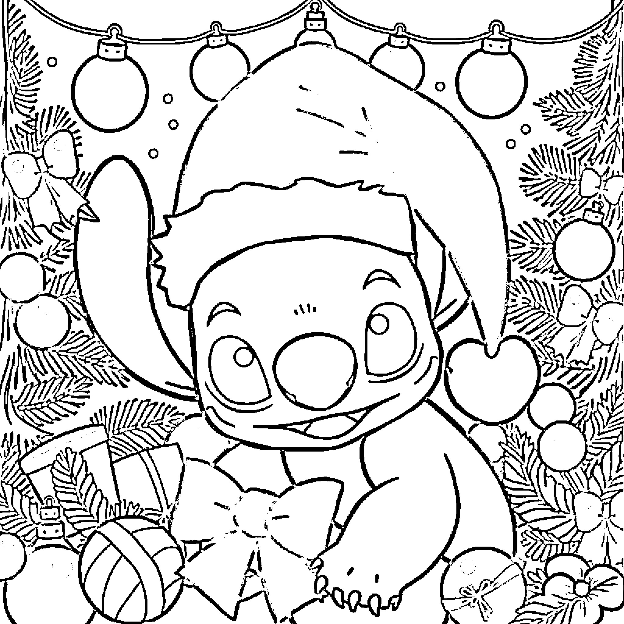 Stitch admiring the Christmas ornaments Coloring Page (free black-and-white line drawing printable PDF for all, from beginners to advanced learners, including children, teens, adults, and seniors)