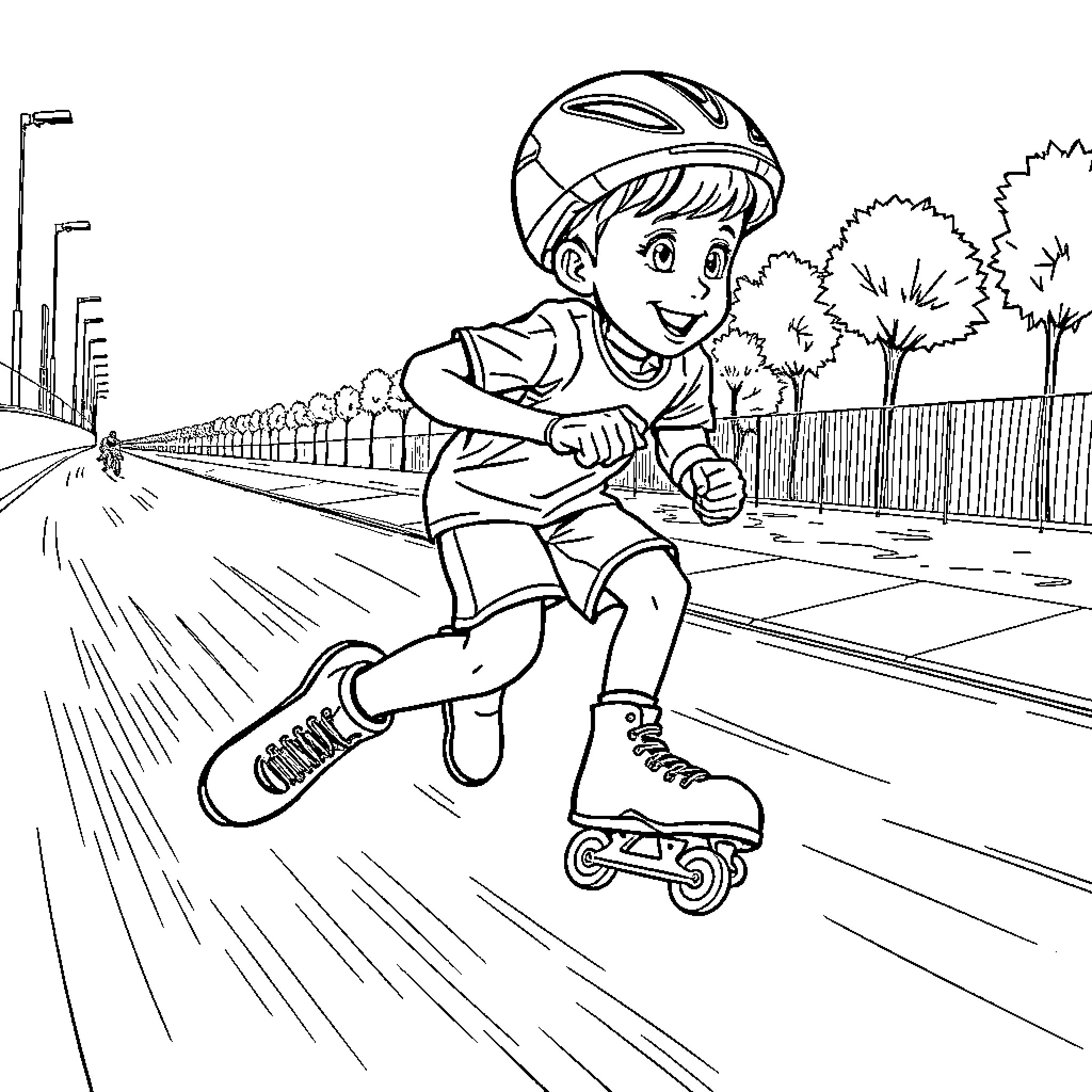 Kid happily rollerblading on the street Coloring Page (free black-and-white line drawing printable PDF for all, from beginners to advanced learners, including children, teens, adults, and seniors)