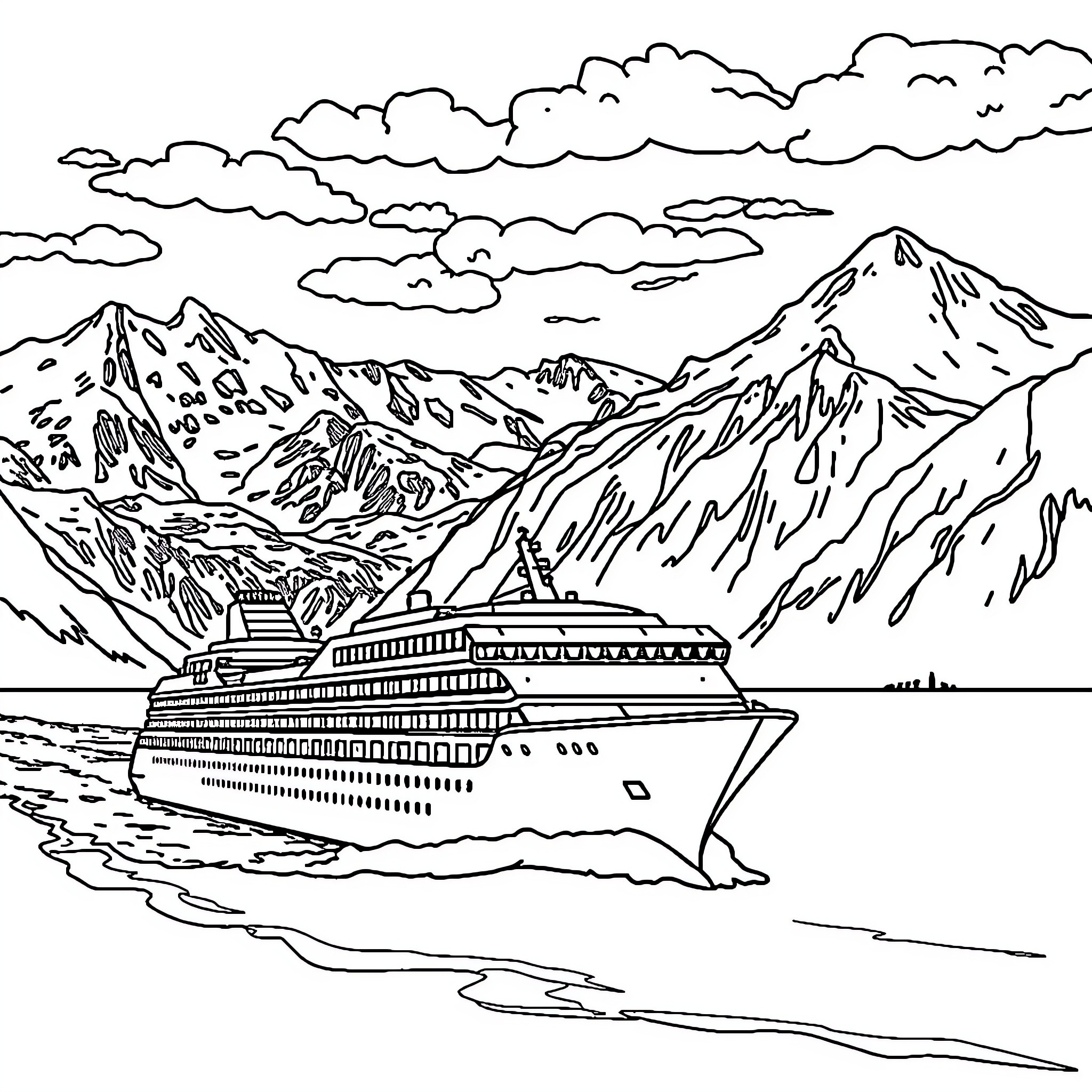 Cruise Ship Sailing Through Scenic Mountain Landscape Coloring Page (free black-and-white line drawing printable PDF for all, from beginners to advanced learners, including children, teens, adults, and seniors)