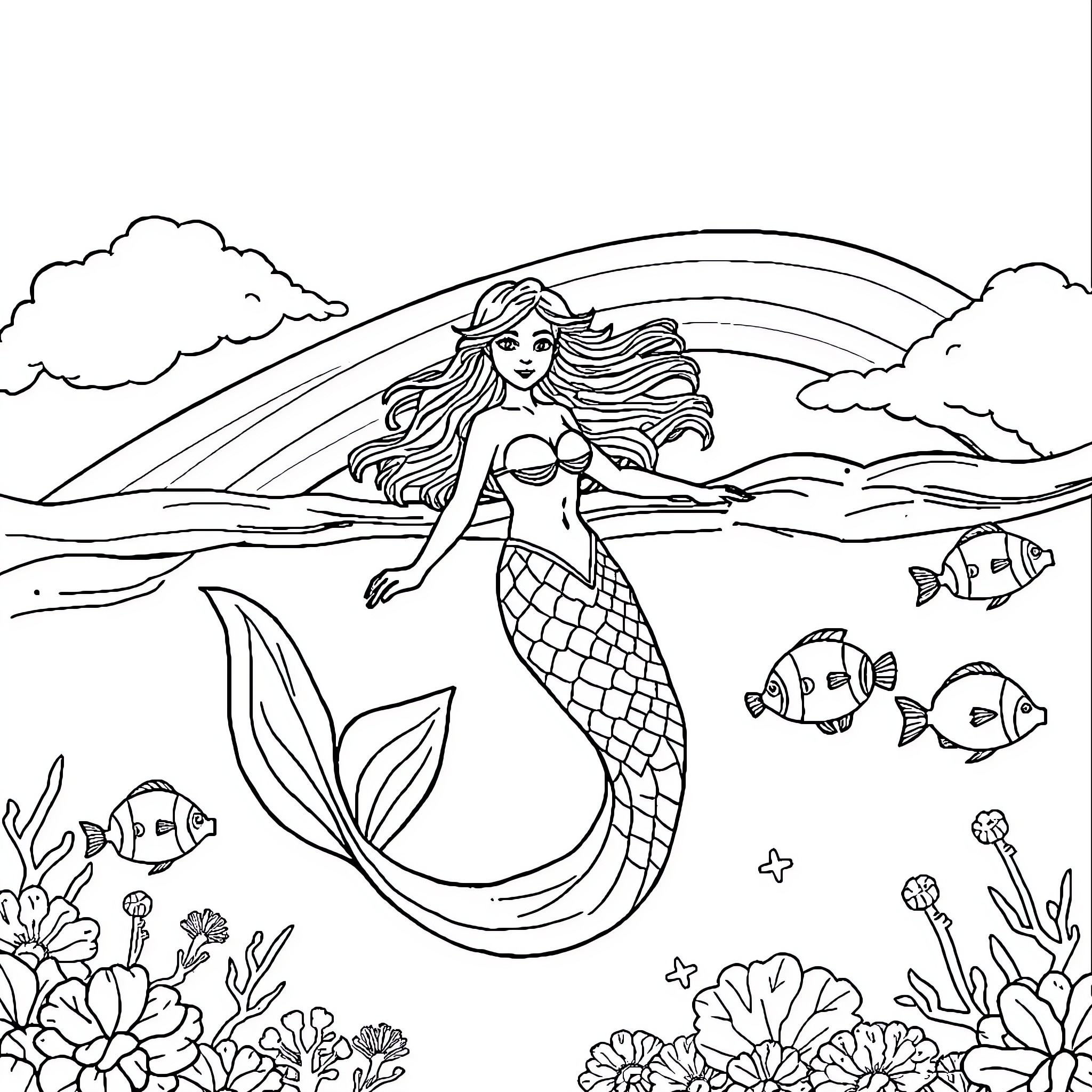 Mermaid Enjoying the Underwater Scenery Coloring Page (free black-and-white line drawing printable PDF for all, from beginners to advanced learners, including children, teens, adults, and seniors)