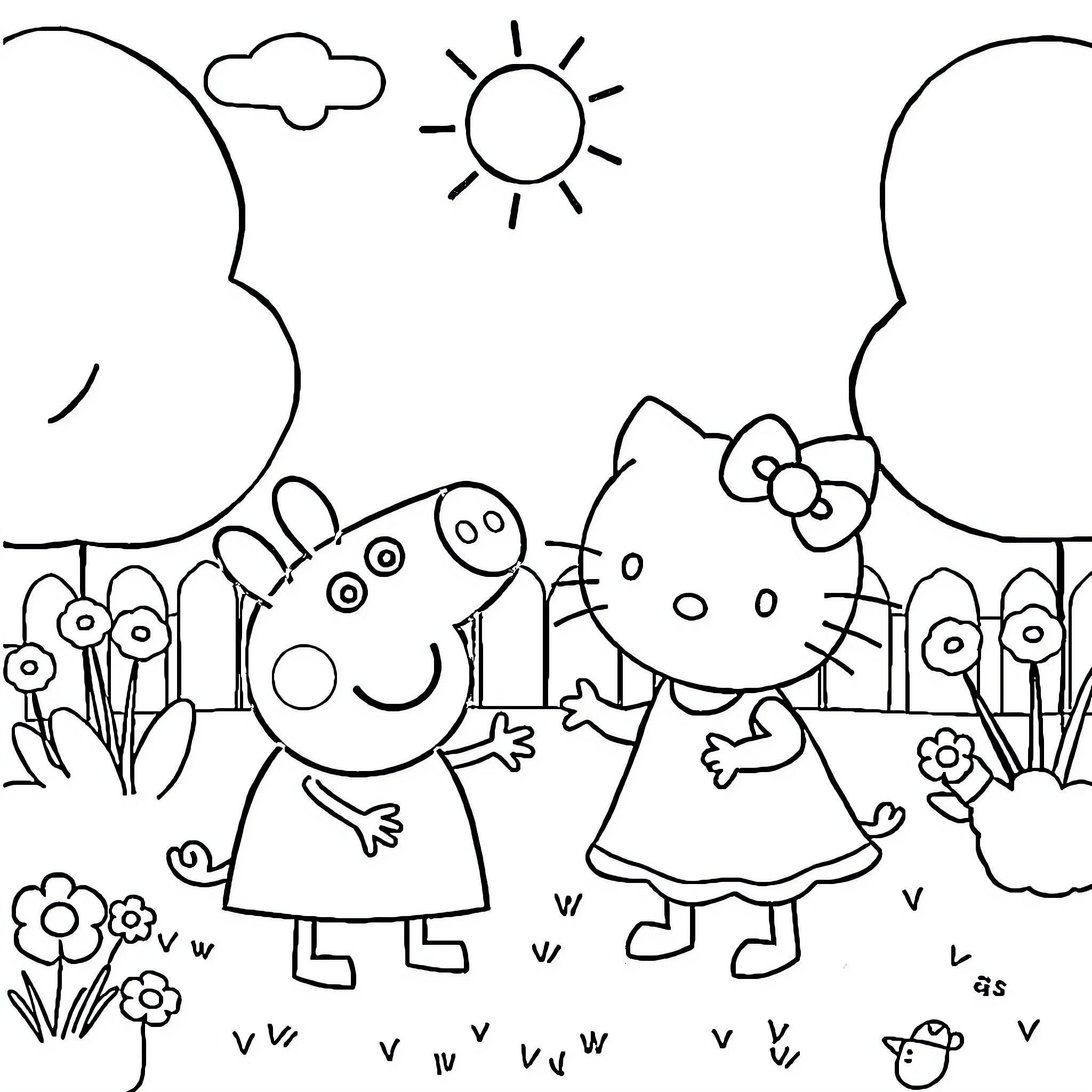 Peppa Pig and Hello Kitty playing together in the park Coloring Page (free black-and-white line drawing printable PDF for all, from beginners to advanced learners, including children, teens, adults, and seniors)