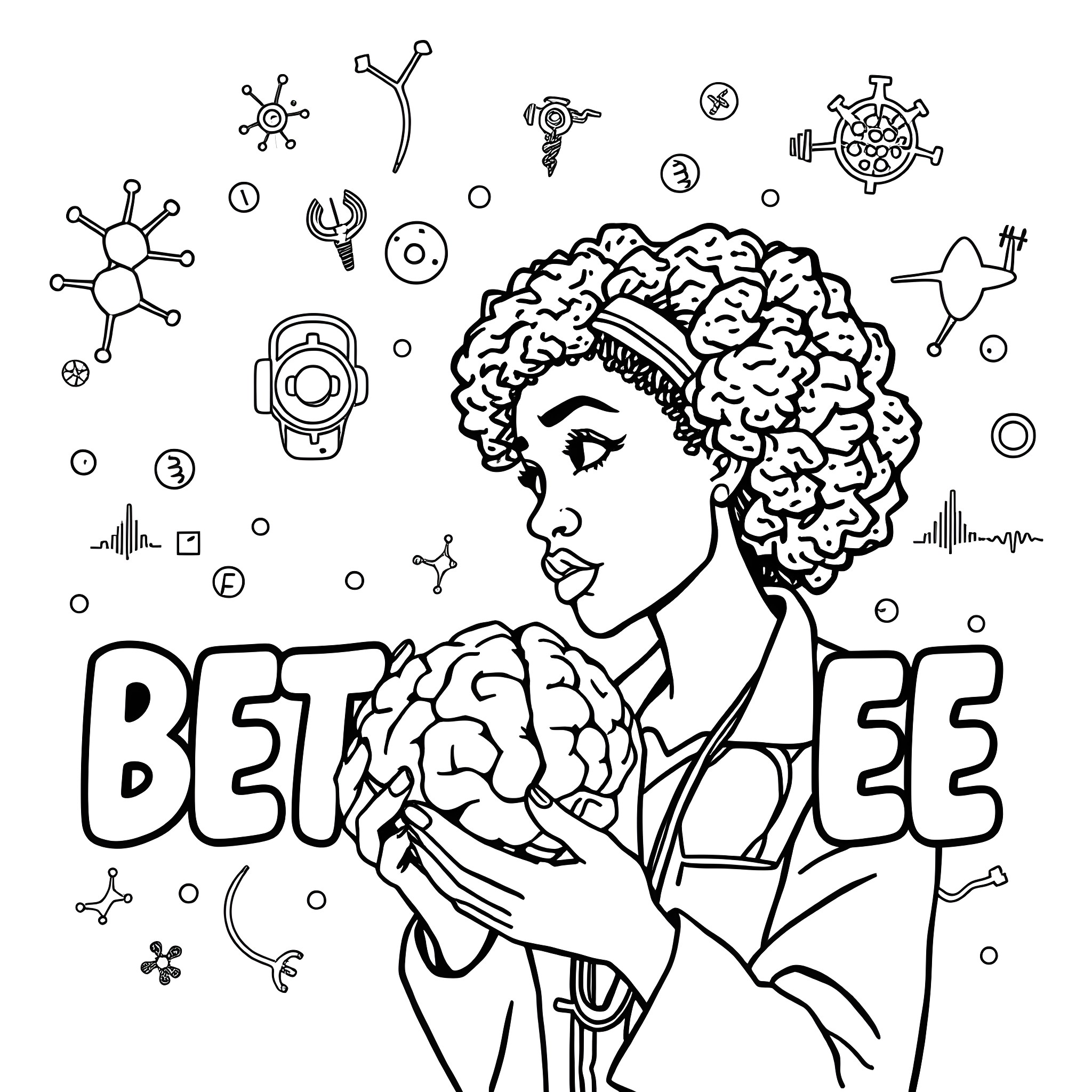 Bethanee holds her brain with scientific icons Coloring Page (free black-and-white line drawing printable PDF for all, from beginners to advanced learners, including children, teens, adults, and seniors)