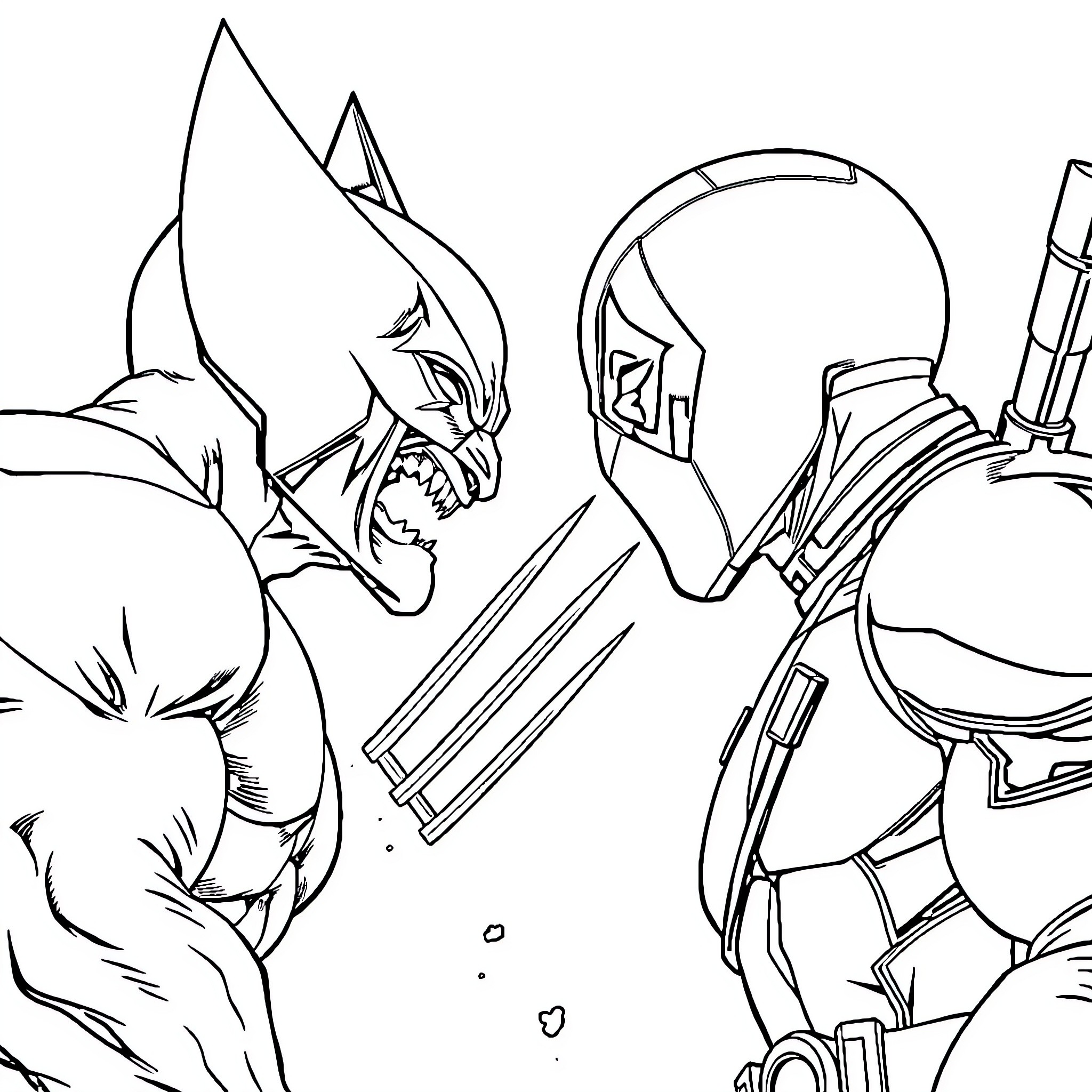 Wolverine engaged in fierce combat with an armored opponent Coloring Page (free black-and-white line drawing printable PDF for all, from beginners to advanced learners, including children, teens, adults, and seniors)