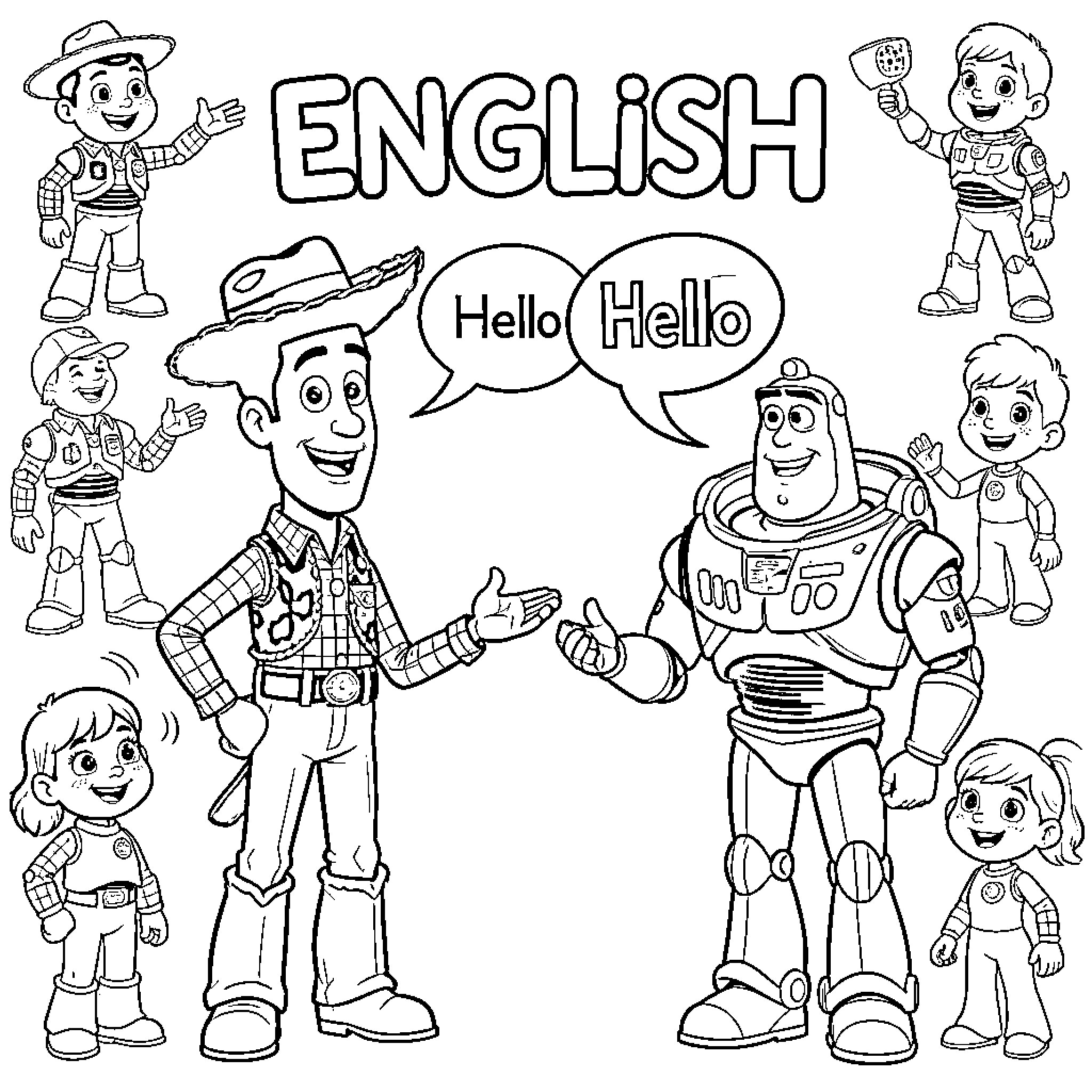 Woody and friends greeting each other with speech bubbles Coloring Page (free black-and-white line drawing printable PDF for all, from beginners to advanced learners, including children, teens, adults, and seniors)