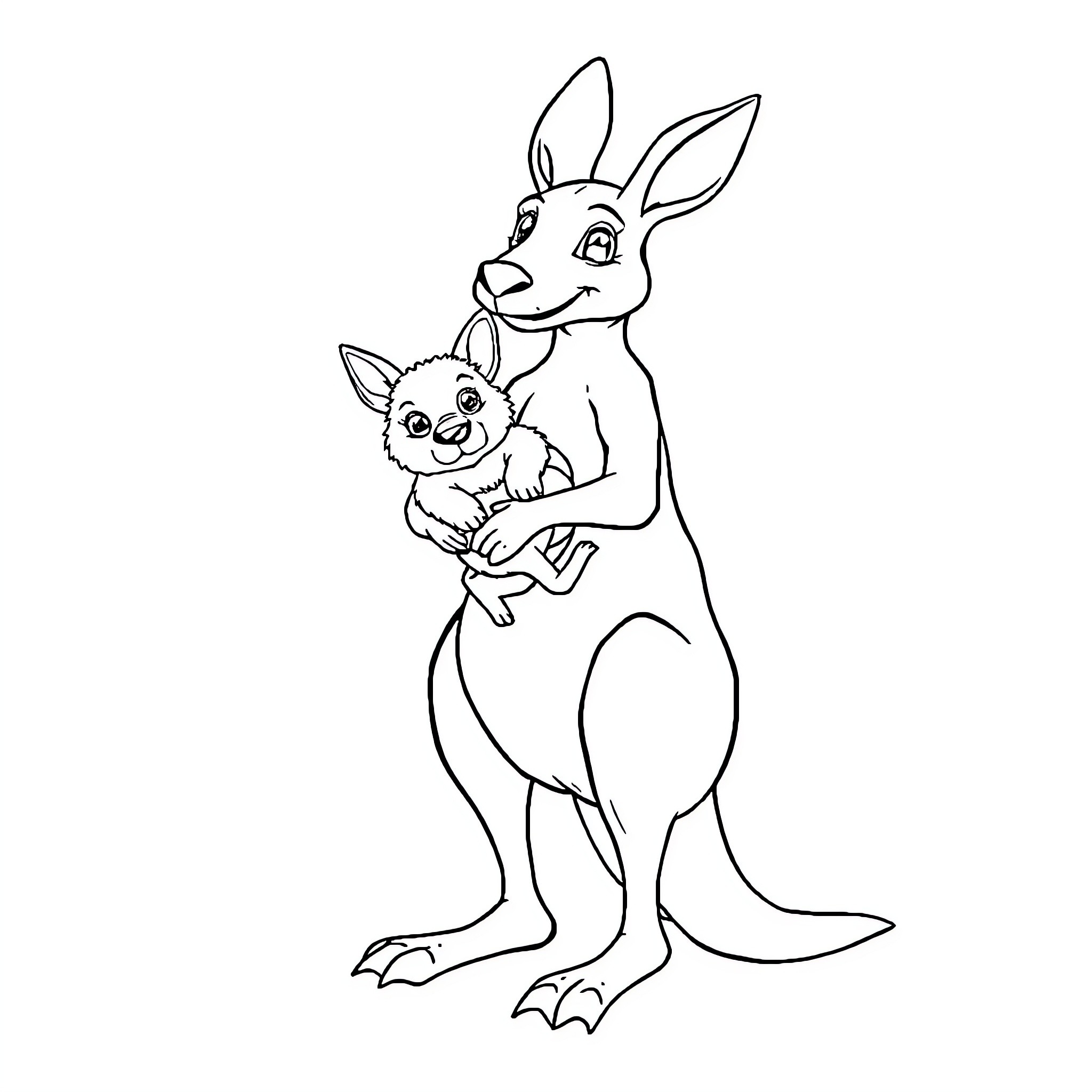 Kangaroos with baby in mother's pouch Coloring Page (free black-and-white line drawing printable PDF for all, from beginners to advanced learners, including children, teens, adults, and seniors)