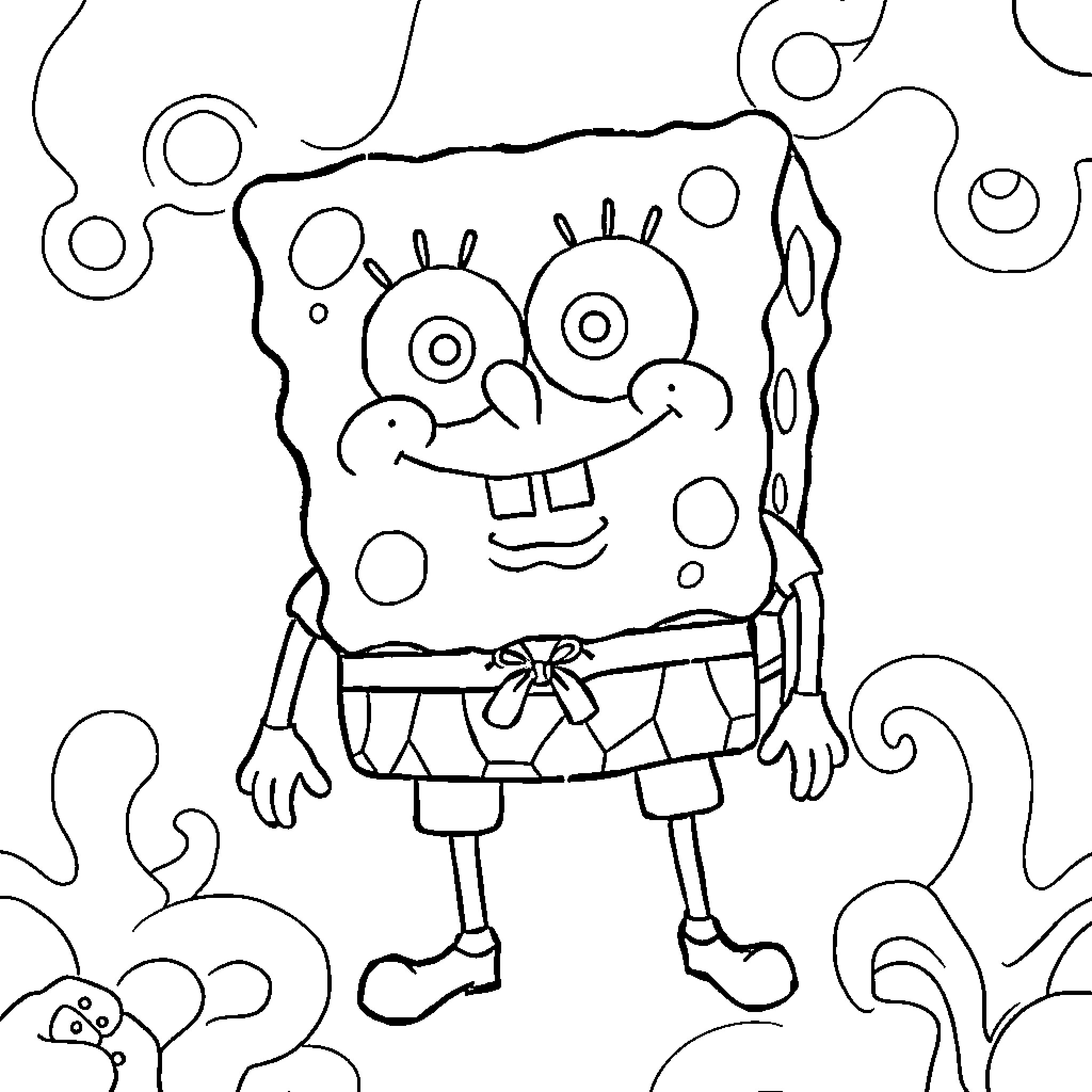 Sponge character in a whimsical scene Coloring Page (free black-and-white line drawing printable PDF for all, from beginners to advanced learners, including children, teens, adults, and seniors)