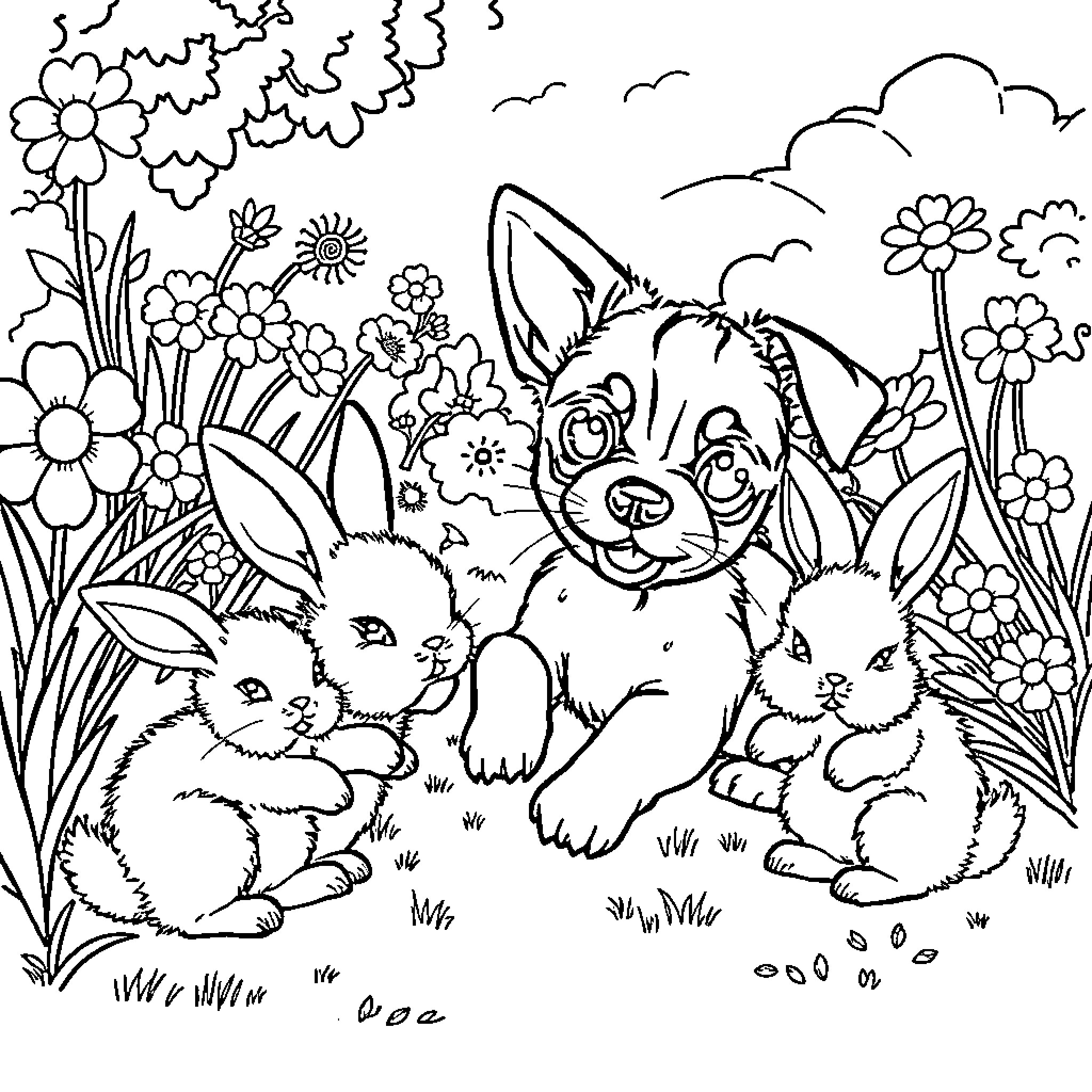 Weenie Dog and Bunnies Playing in Floral Field Coloring Page (free black-and-white line drawing printable PDF for all, from beginners to advanced learners, including children, teens, adults, and seniors)