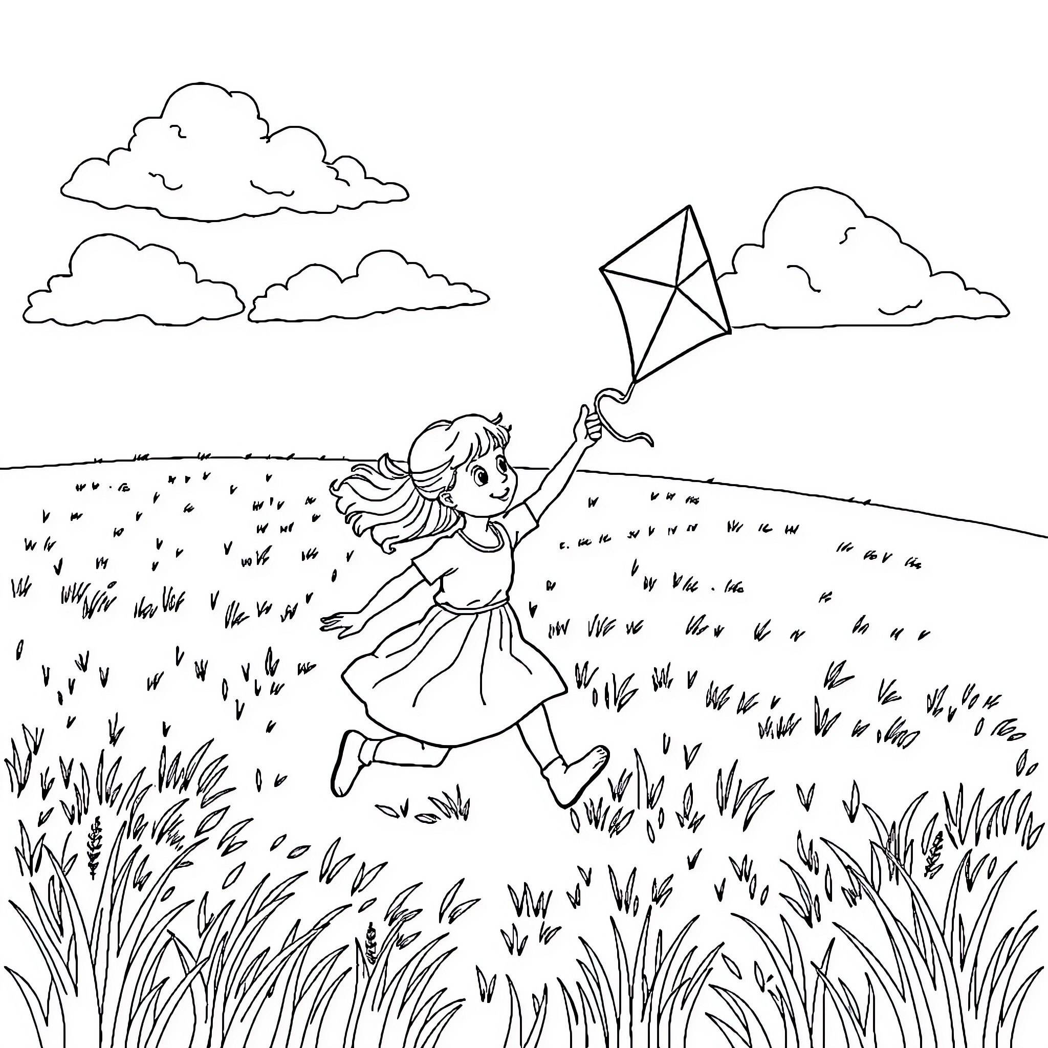 Girl flying kite in grassy field Coloring Page (free black-and-white line drawing printable PDF for all, from beginners to advanced learners, including children, teens, adults, and seniors)