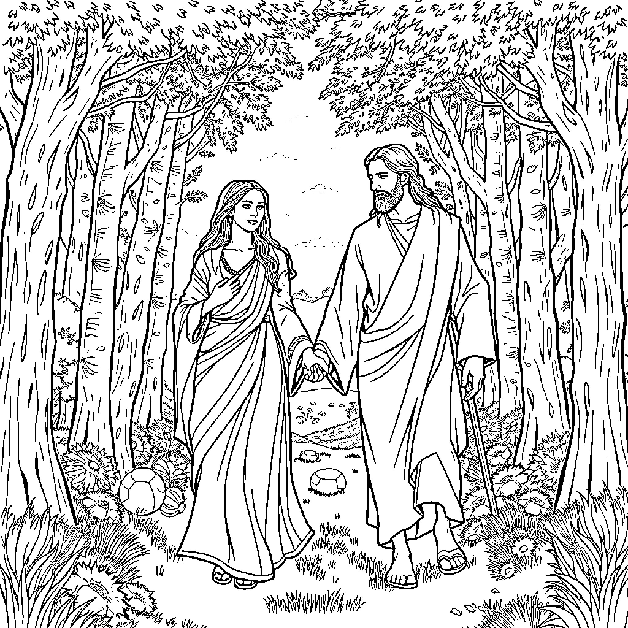 Mary Magdalene and Jesus walking together in the forest Coloring Page (free black-and-white line drawing printable PDF for all, from beginners to advanced learners, including children, teens, adults, and seniors)