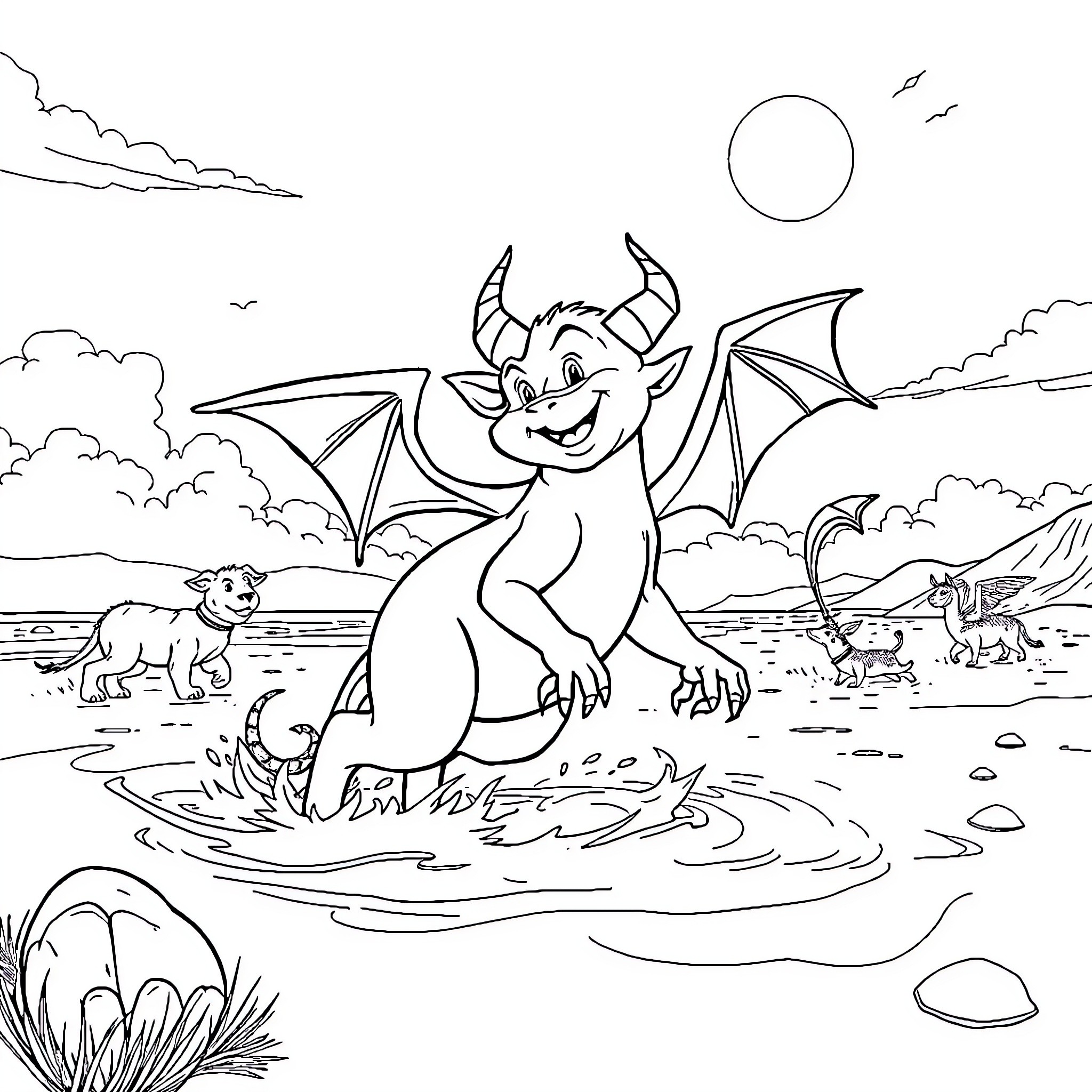 Demonio de Tasmania playing in the water with animals Coloring Page (free black-and-white line drawing printable PDF for all, from beginners to advanced learners, including children, teens, adults, and seniors)