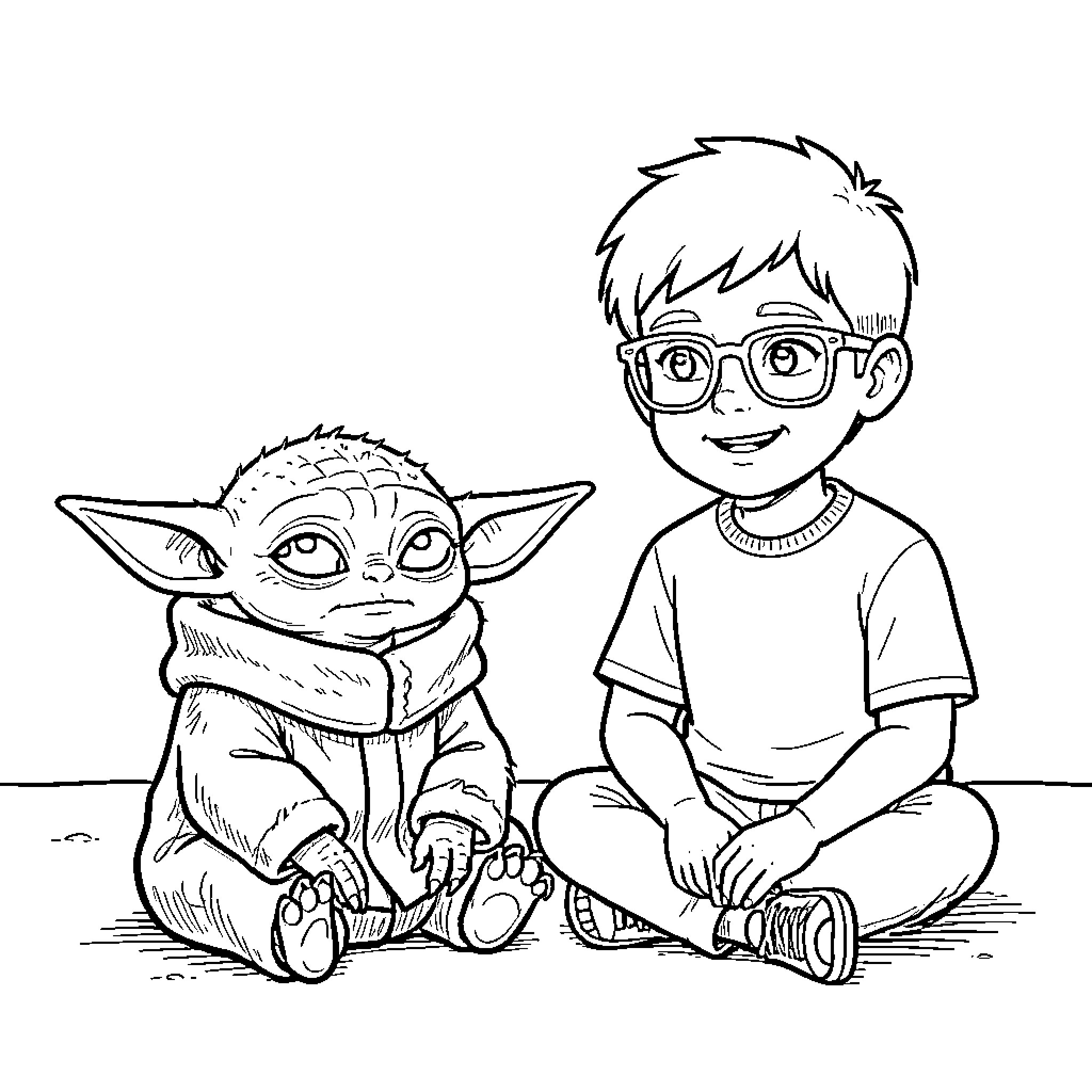 Bébé Yoda sitting beside a smiling young boy Coloring Page (free black-and-white line drawing printable PDF for all, from beginners to advanced learners, including children, teens, adults, and seniors)
