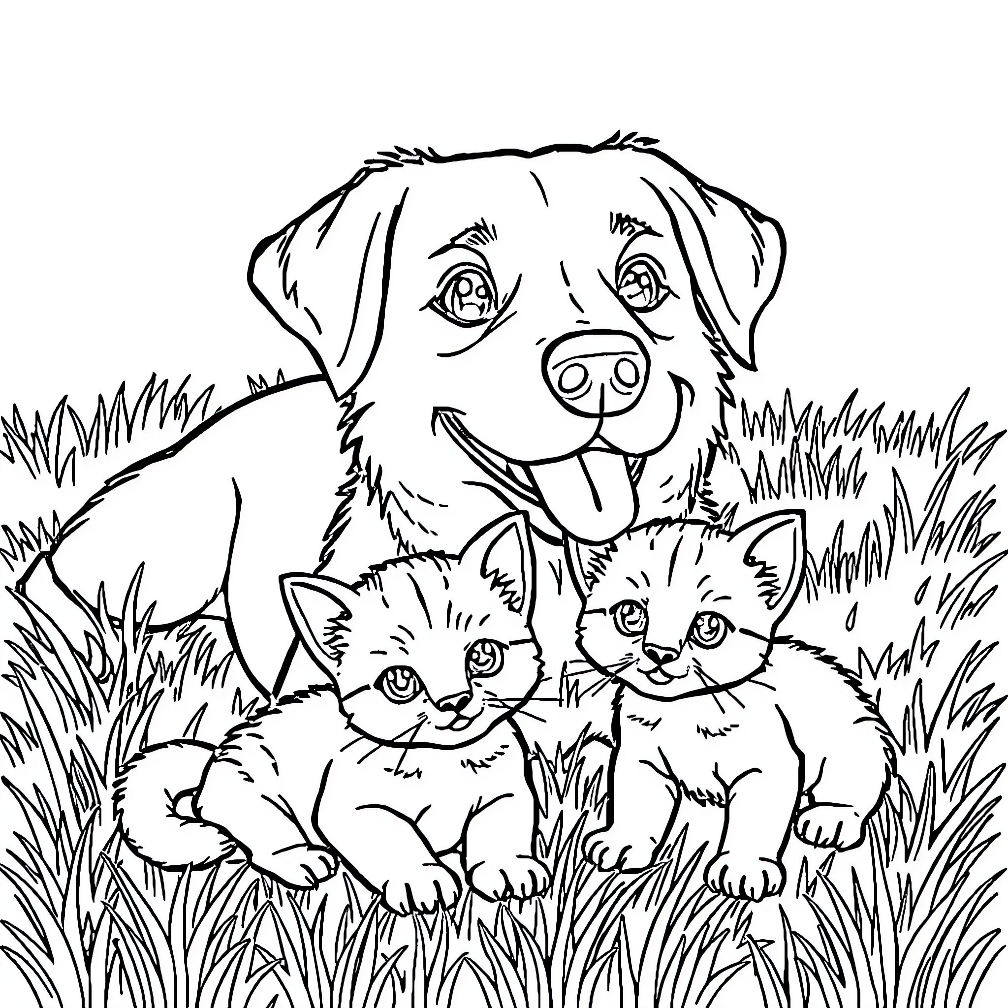 Dog and Kittens Playing in Grassy Field Coloring Page (free black-and-white line drawing printable PDF for all, from beginners to advanced learners, including children, teens, adults, and seniors)