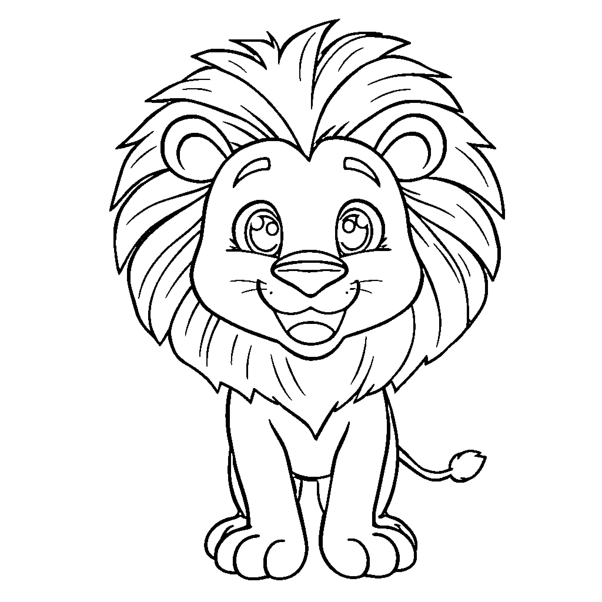 Lion with cheerful expression Coloring Page (free black-and-white line drawing printable PDF for all, from beginners to advanced learners, including children, teens, adults, and seniors)