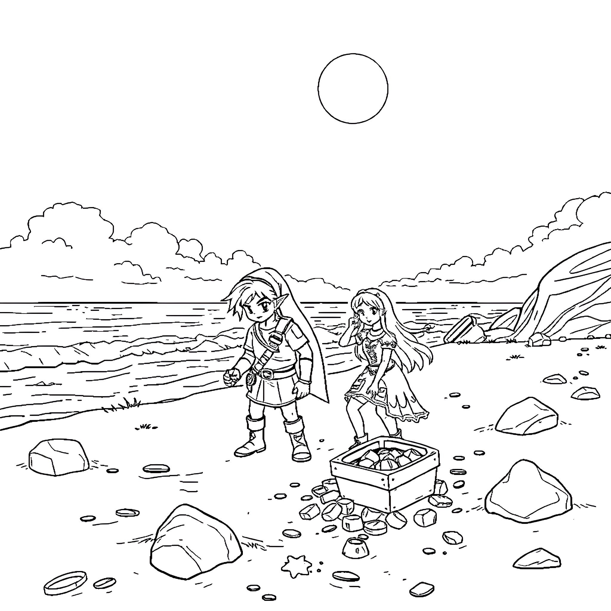 Link's Adventure on the Beach Coloring Page (free black-and-white line drawing printable PDF for all, from beginners to advanced learners, including children, teens, adults, and seniors)