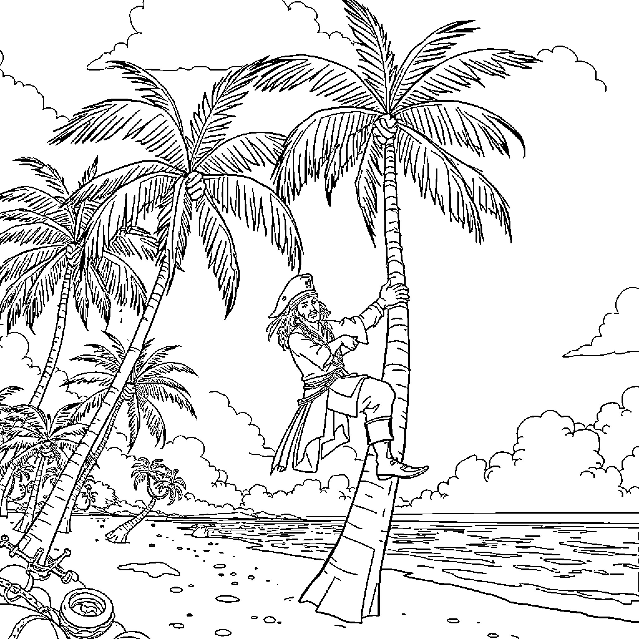 Jack Sparrow exploring a tropical island paradise Coloring Page (free black-and-white line drawing printable PDF for all, from beginners to advanced learners, including children, teens, adults, and seniors)
