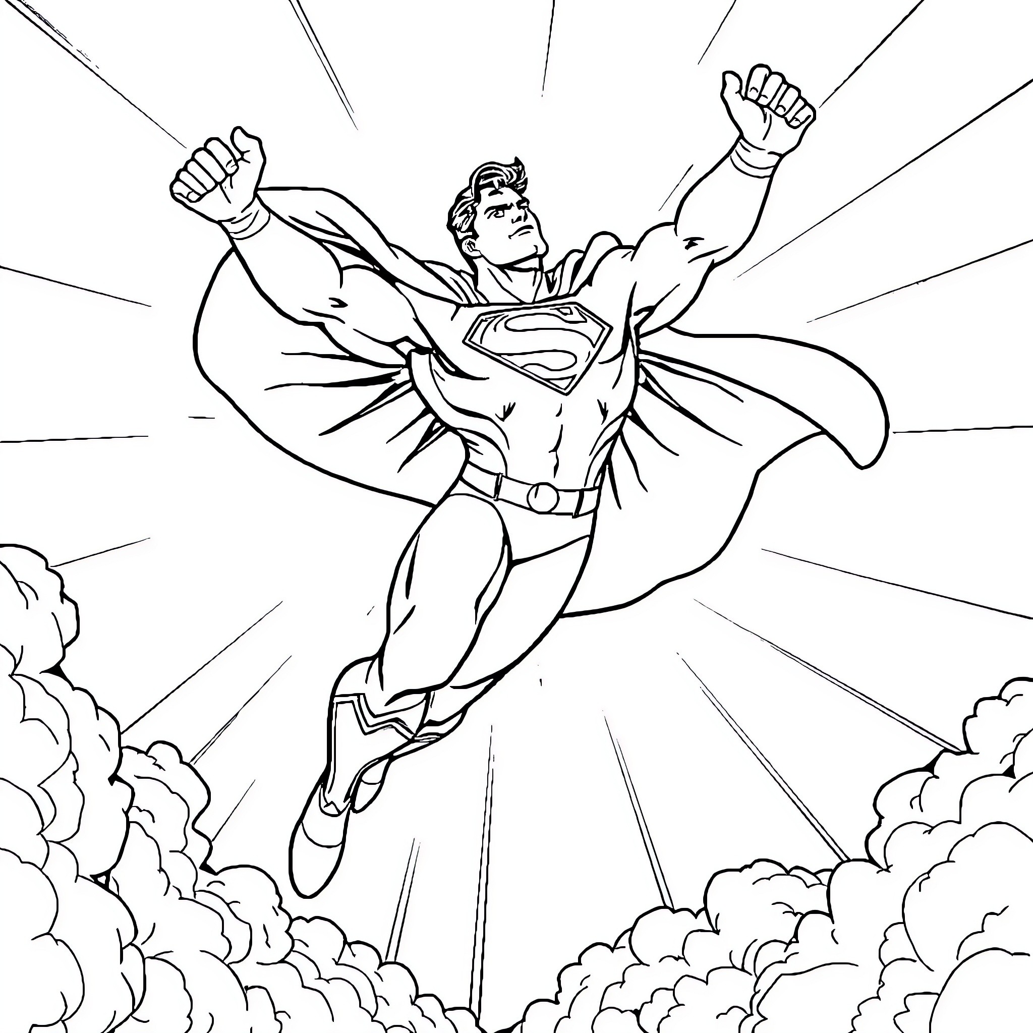Superman heroically soaring through the sky Coloring Page (free black-and-white line drawing printable PDF for all, from beginners to advanced learners, including children, teens, adults, and seniors)