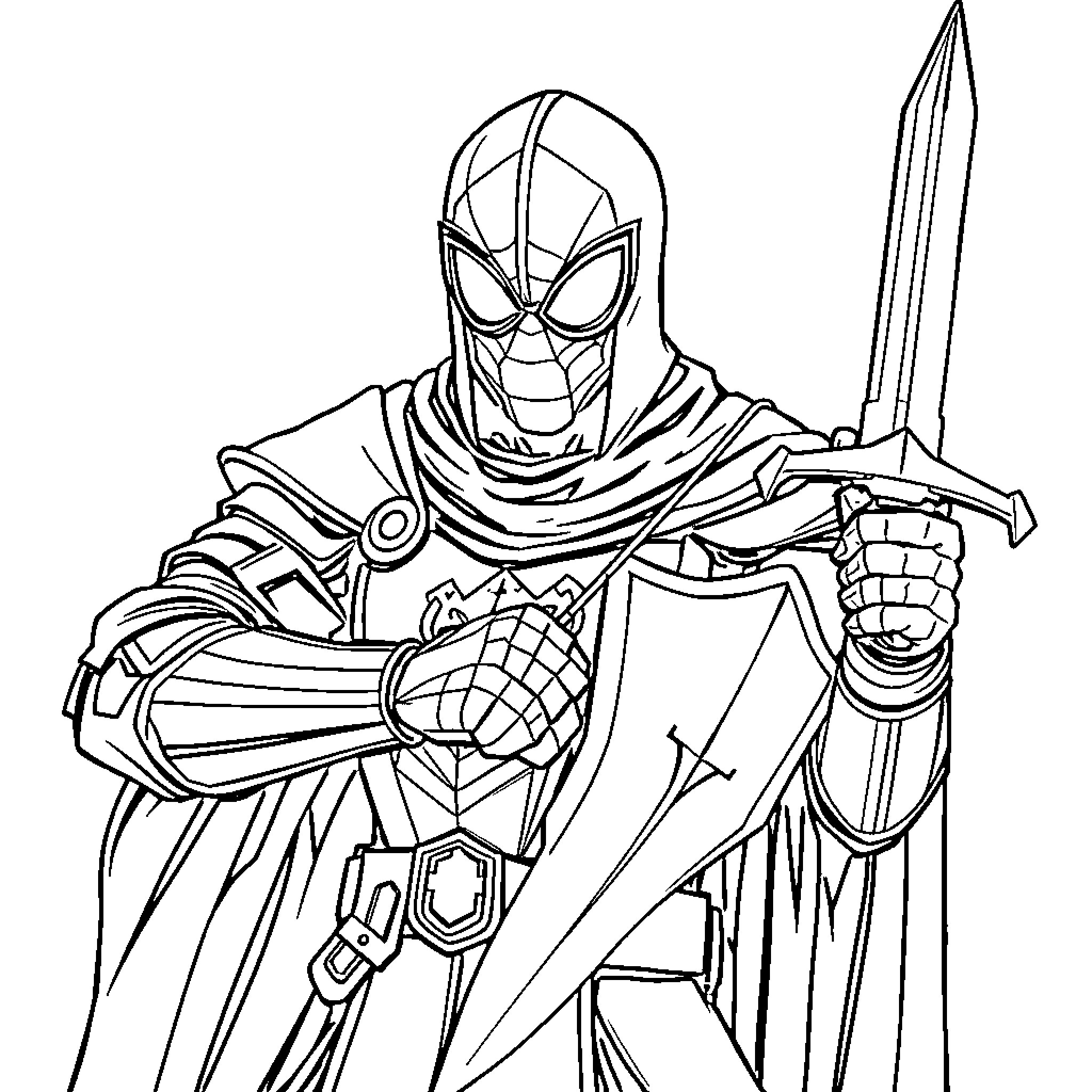 Spiderman in heroic battle stance with sword and shield Coloring Page (free black-and-white line drawing printable PDF for all, from beginners to advanced learners, including children, teens, adults, and seniors)