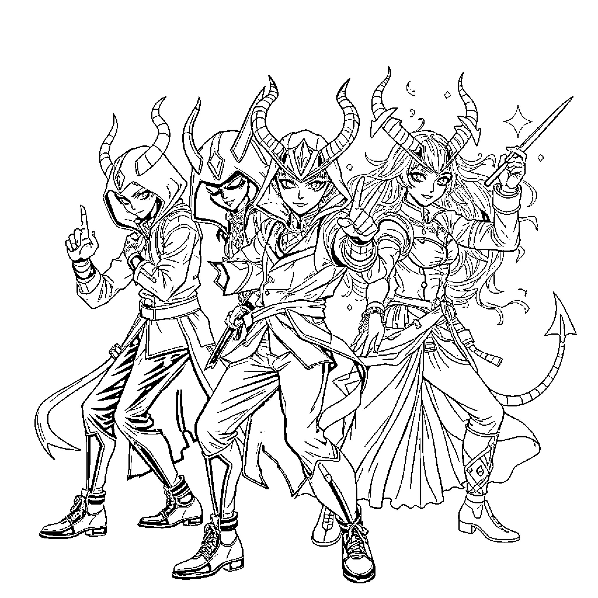 Demon Hunters in Stylized Outfits and Poses Coloring Page (free black-and-white line drawing printable PDF for all, from beginners to advanced learners, including children, teens, adults, and seniors)