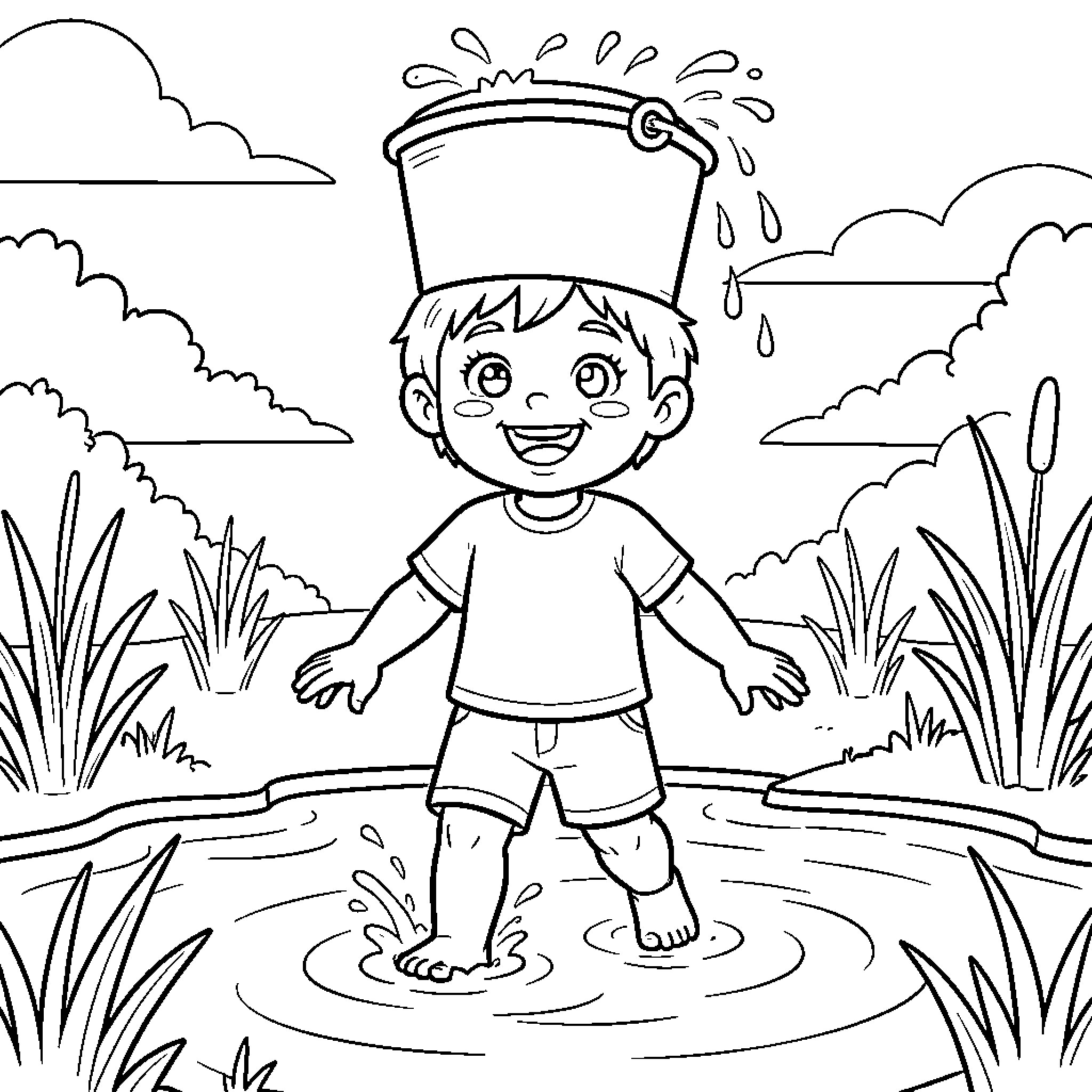 Child playing joyfully in the puddle Coloring Page (free black-and-white line drawing printable PDF for all, from beginners to advanced learners, including children, teens, adults, and seniors)